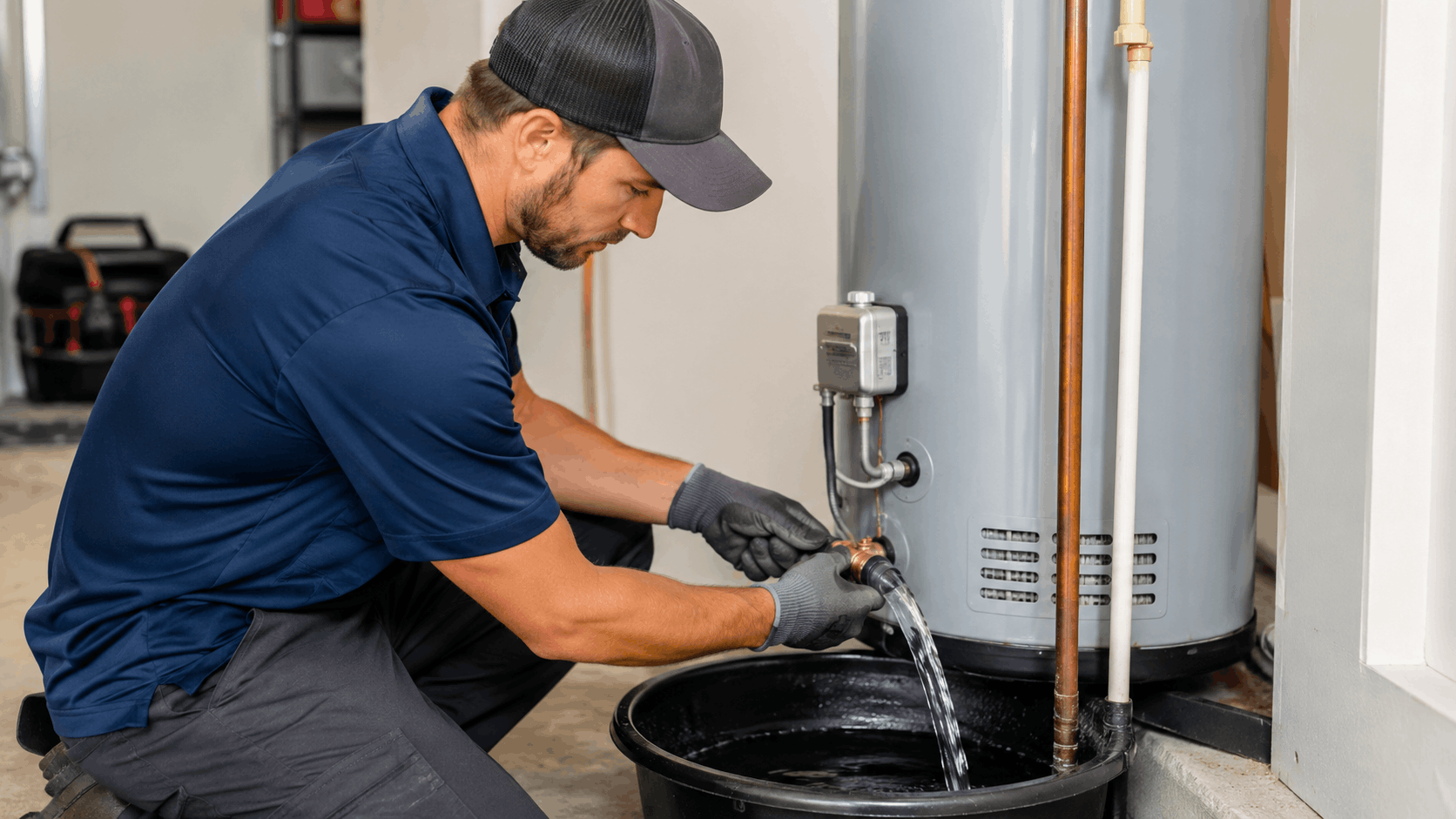 Plumber draining water heater tank into bucket during Las Vegas plumbing service