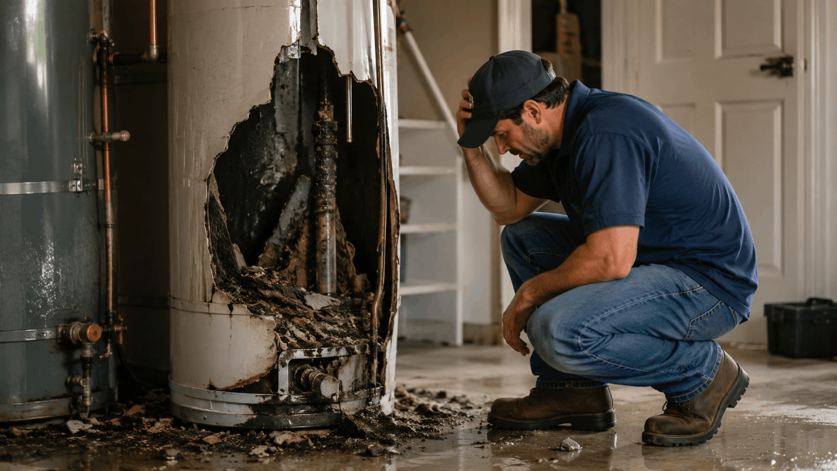 Frustrated plumber inspecting severely corroded and failed water heater in Las Vegas home