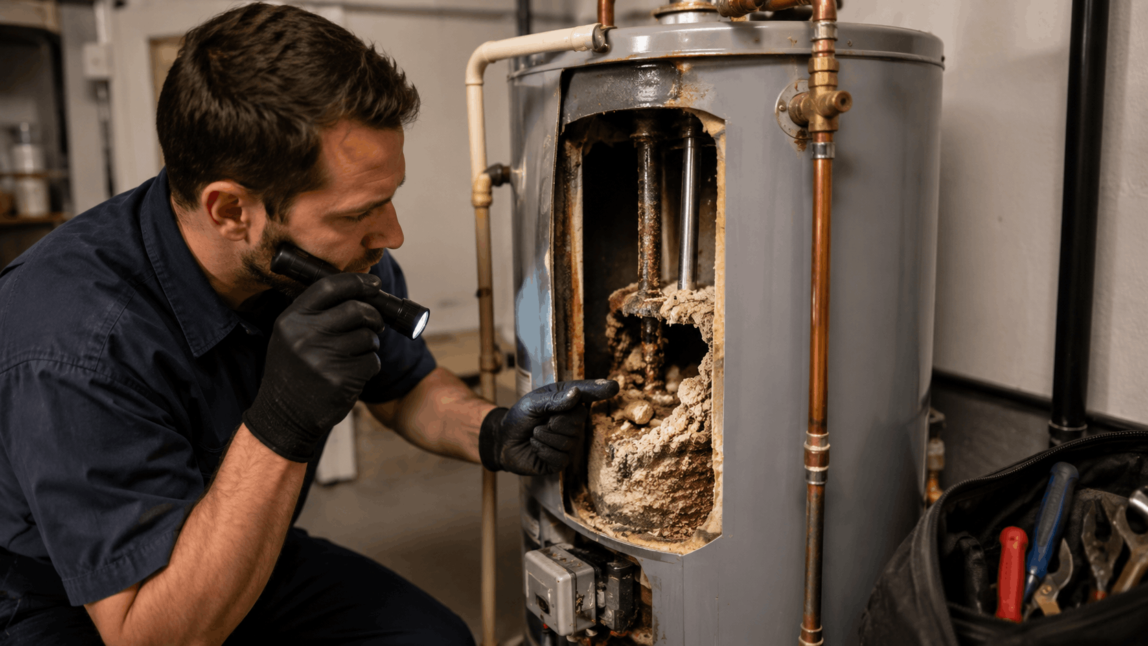 Plumber inspecting severely corroded water heater tank with flashlight in Las Vegas home