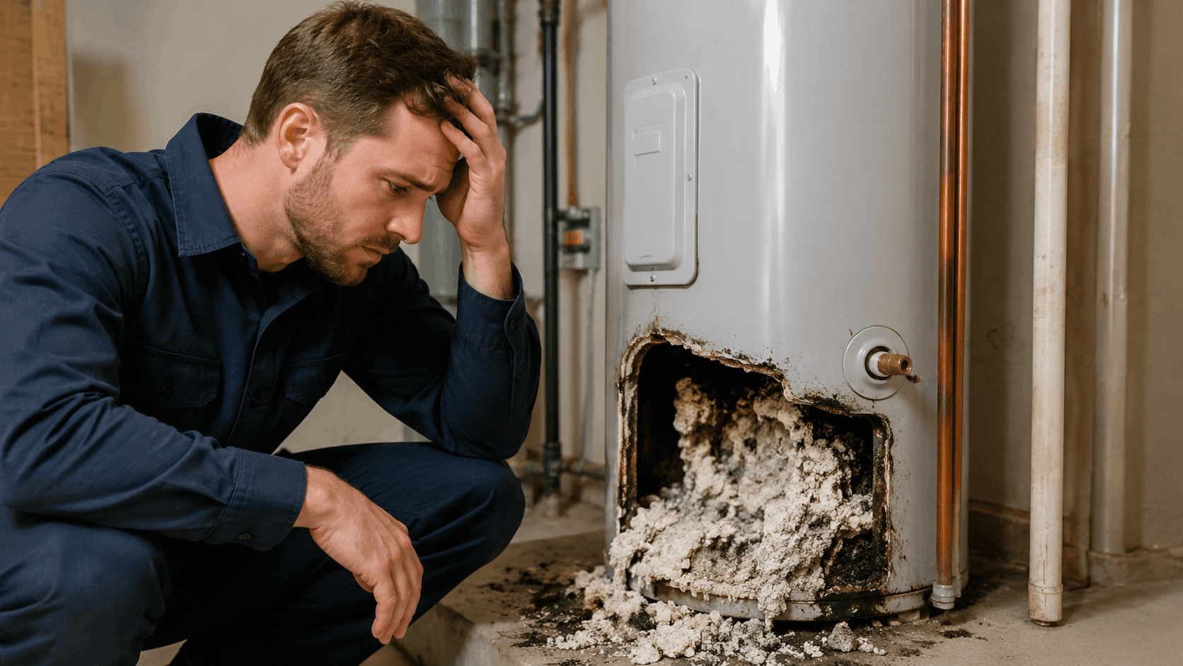 Frustrated plumber inspecting severely corroded and damaged water heater in Las Vegas home