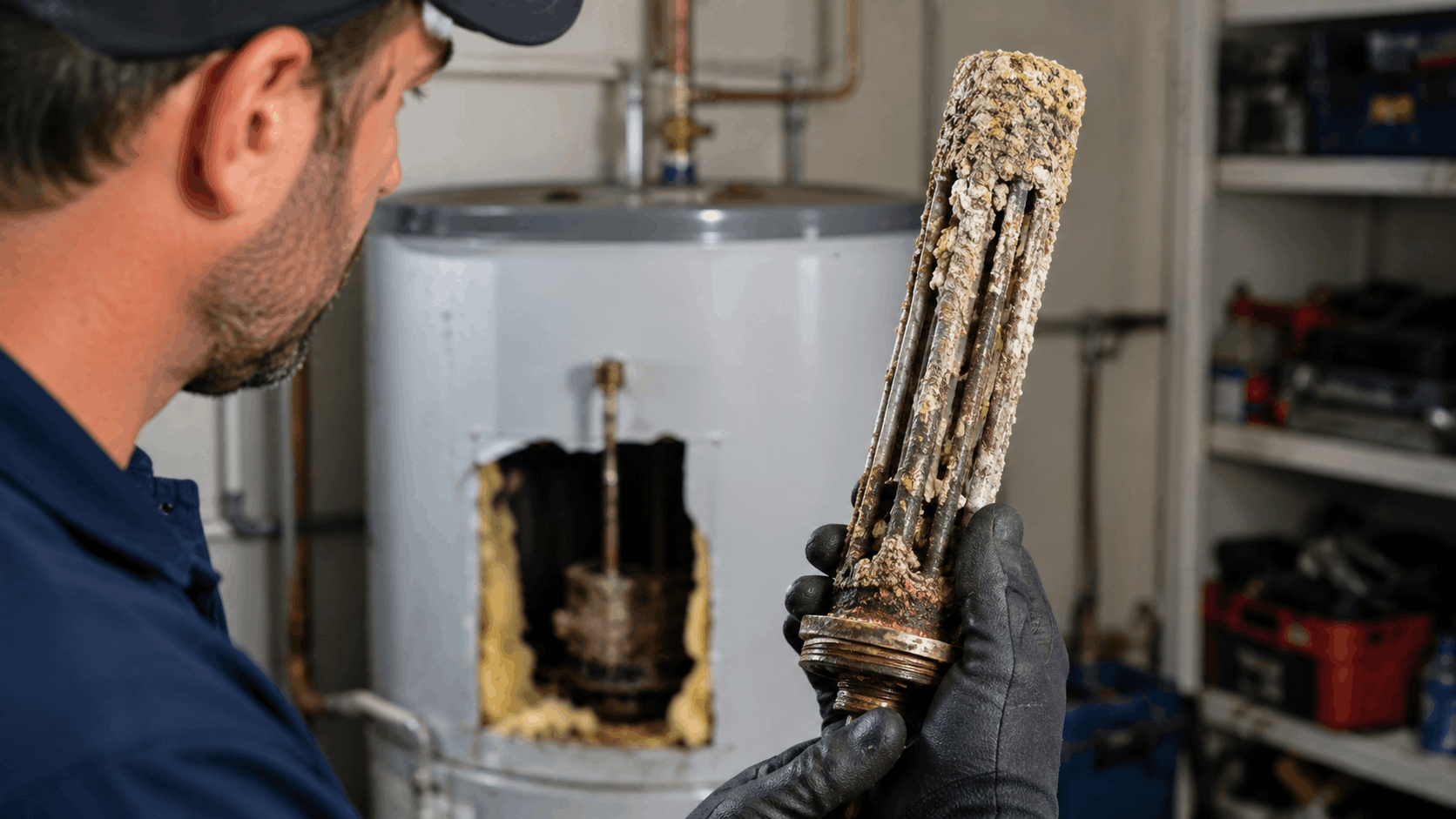 Plumber inspecting heavily corroded water heater heating element removed from tank