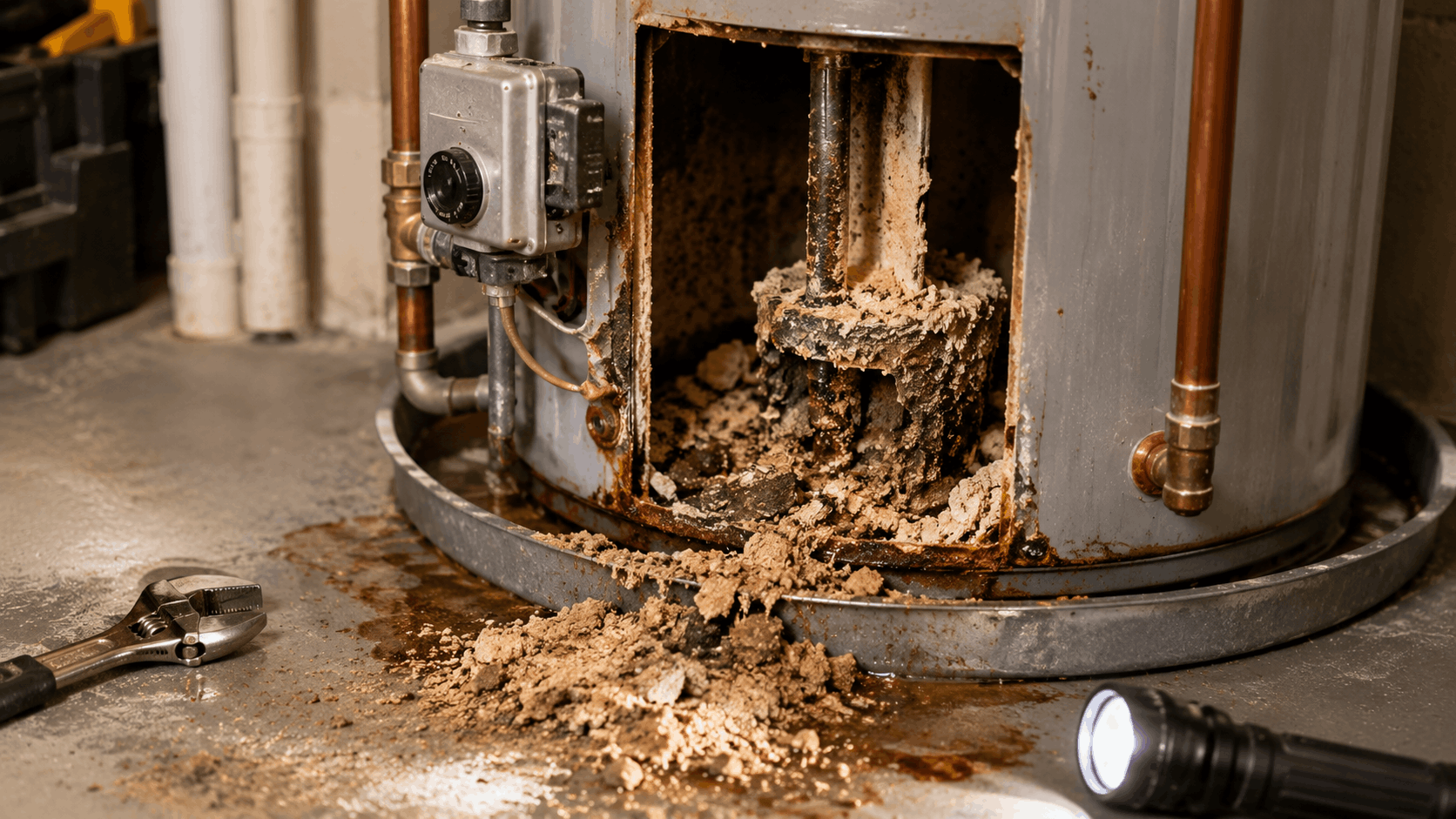 Severely corroded water heater with mineral buildup and sediment damage in Las Vegas home