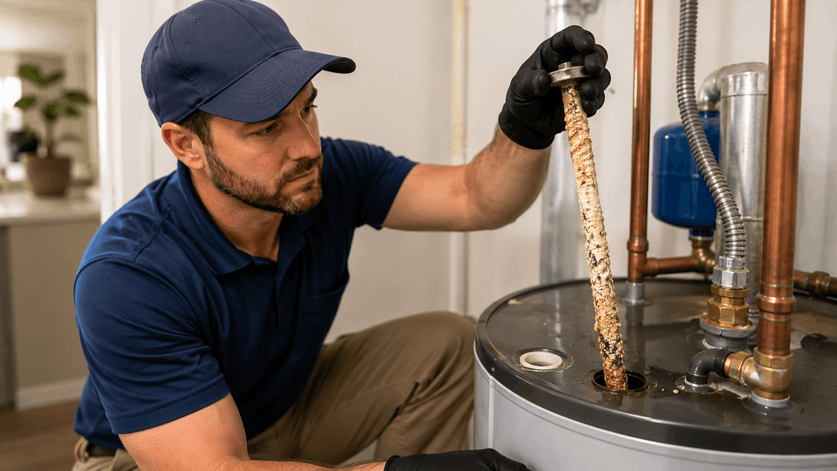 Plumber removing heavily corroded anode rod from water heater tank in Las Vegas home