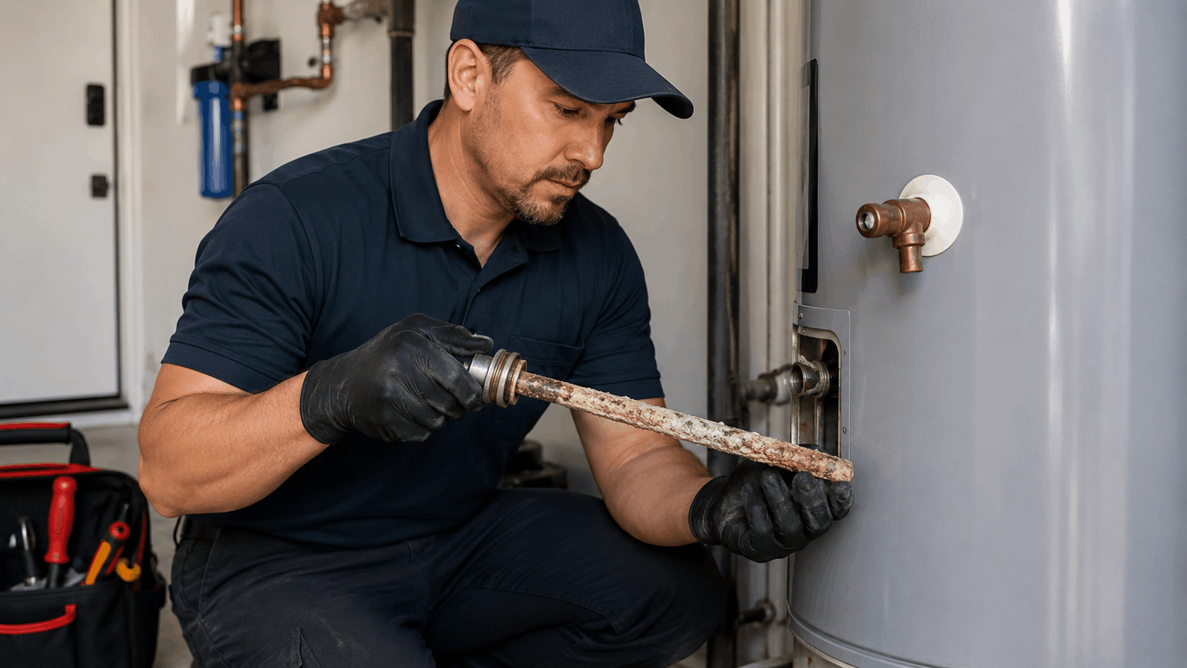 Plumber removing corroded anode rod from water heater during Las Vegas inspection