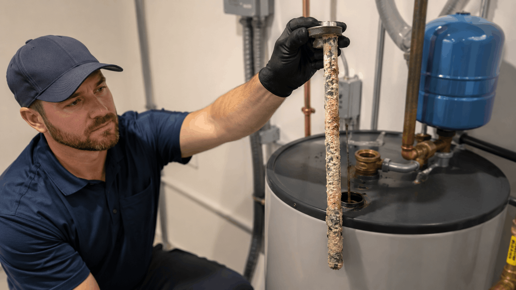 Plumber inspecting heavily corroded anode rod removed from Las Vegas water heater
