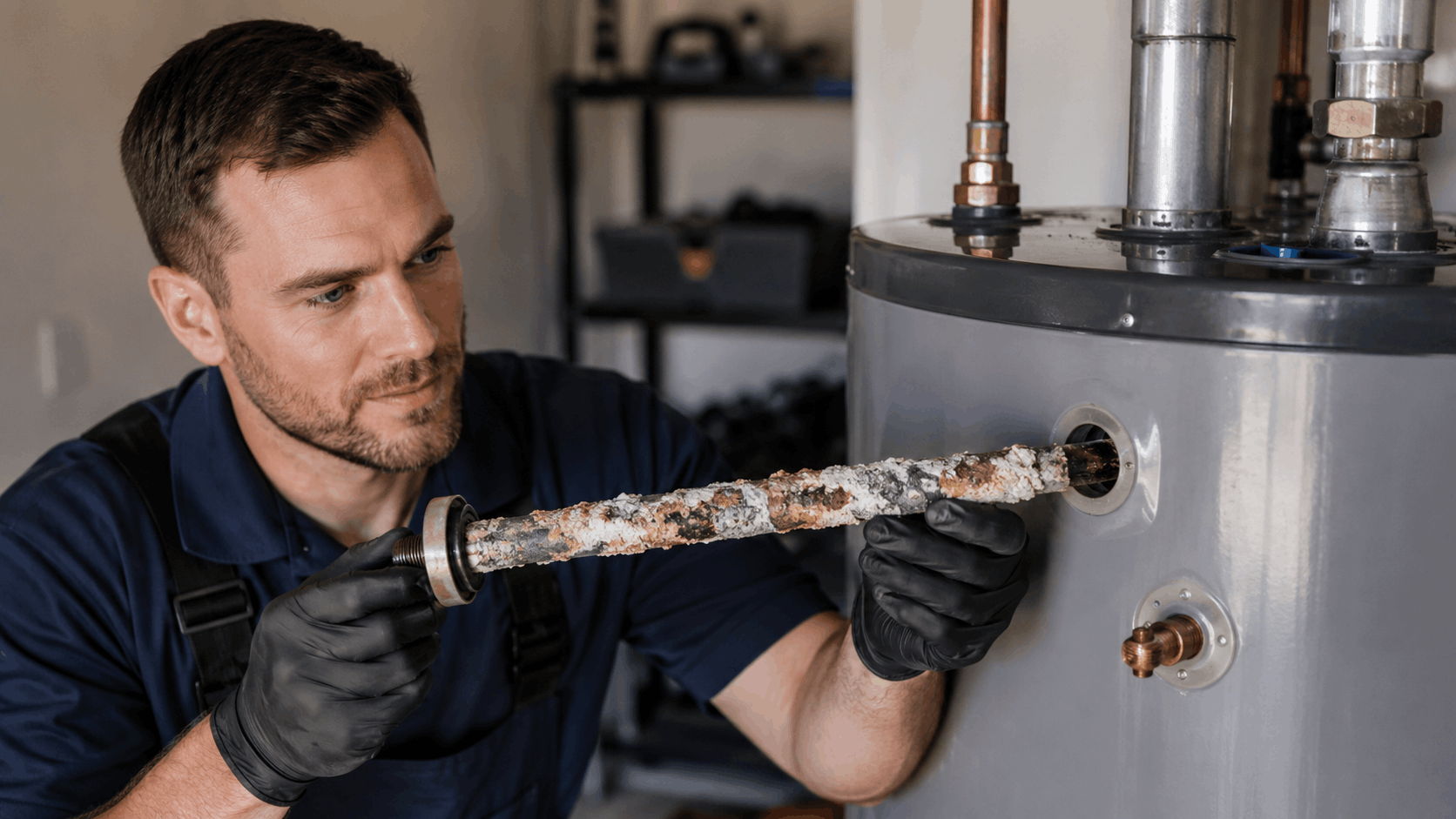 Plumber inspecting heavily corroded anode rod removed from Las Vegas water heater