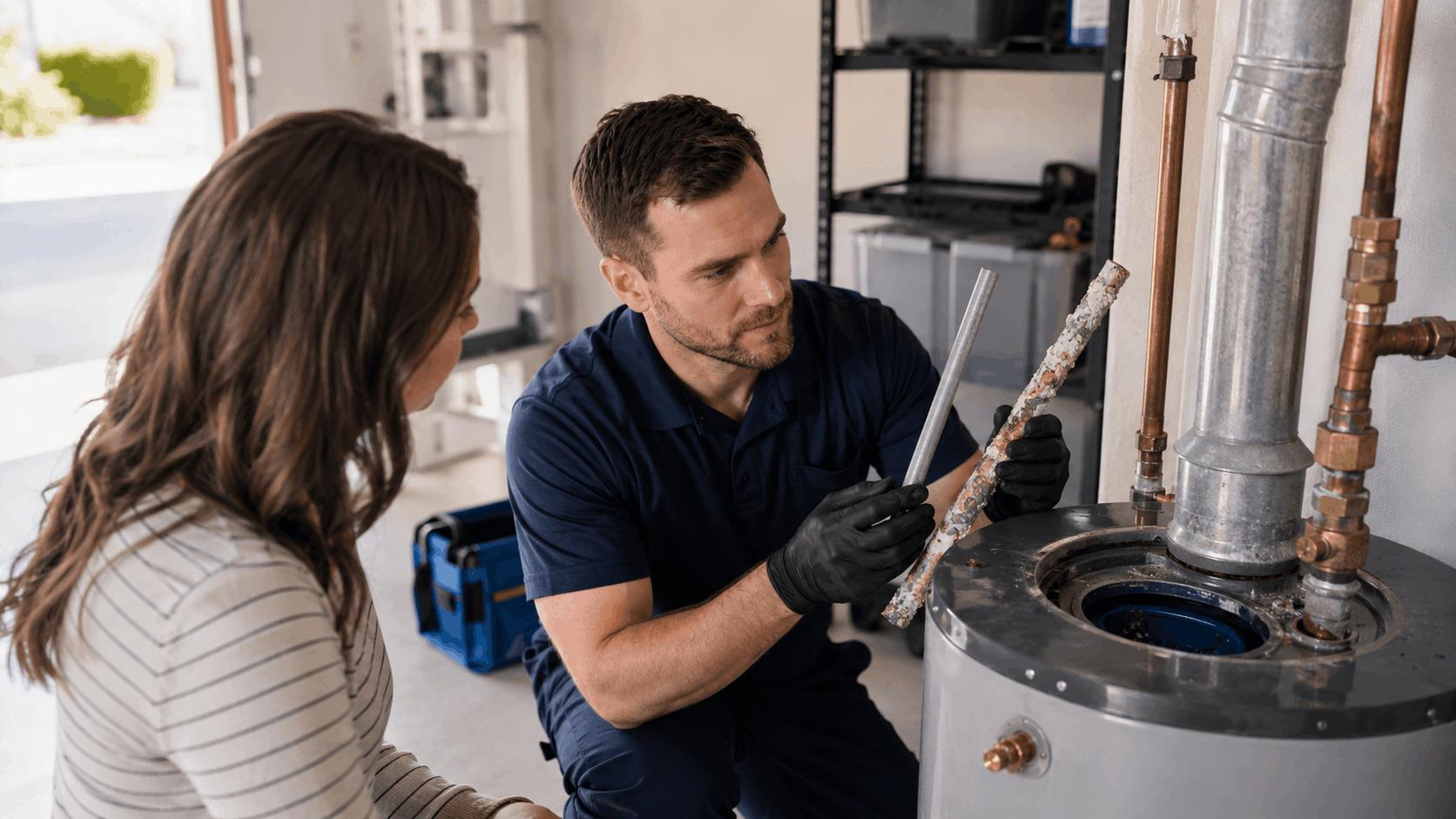 Plumber showing corroded water heater anode rod to Las Vegas homeowner during inspection