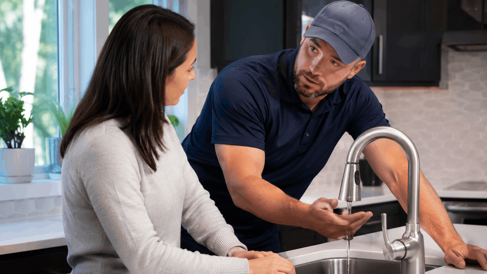 Plumber in navy uniform explaining kitchen faucet water issue to homeowner