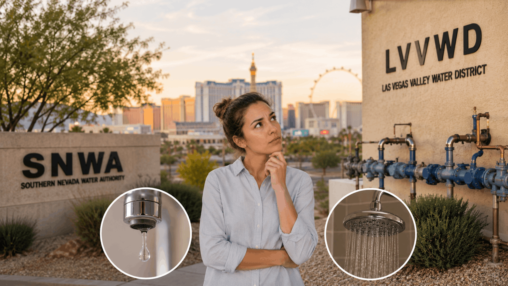 Woman thinking near SNWA and LVVWD signs with low water pressure faucet and shower icons