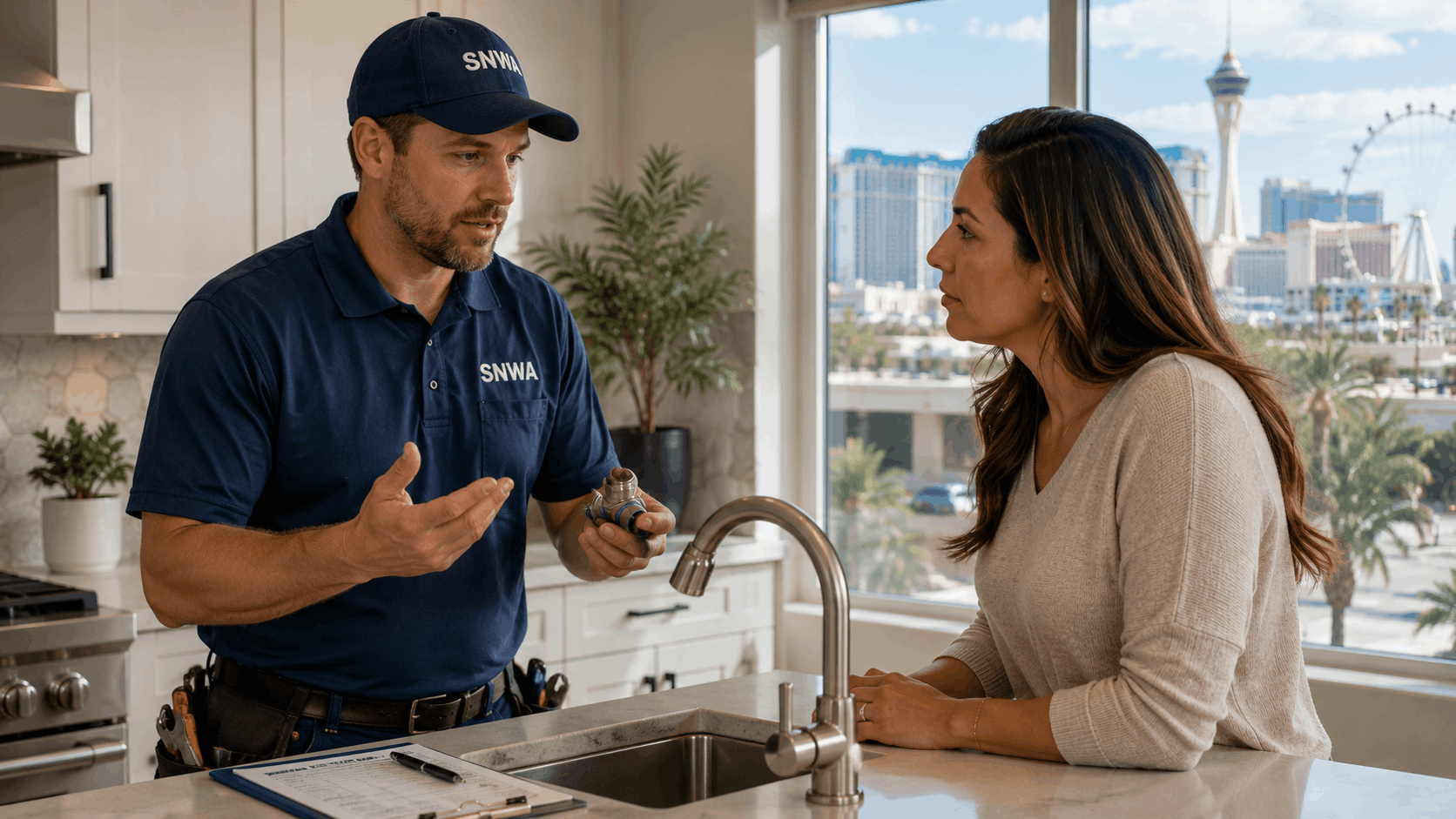 SNWA technician explaining water pressure valve to Las Vegas homeowner in modern kitchen