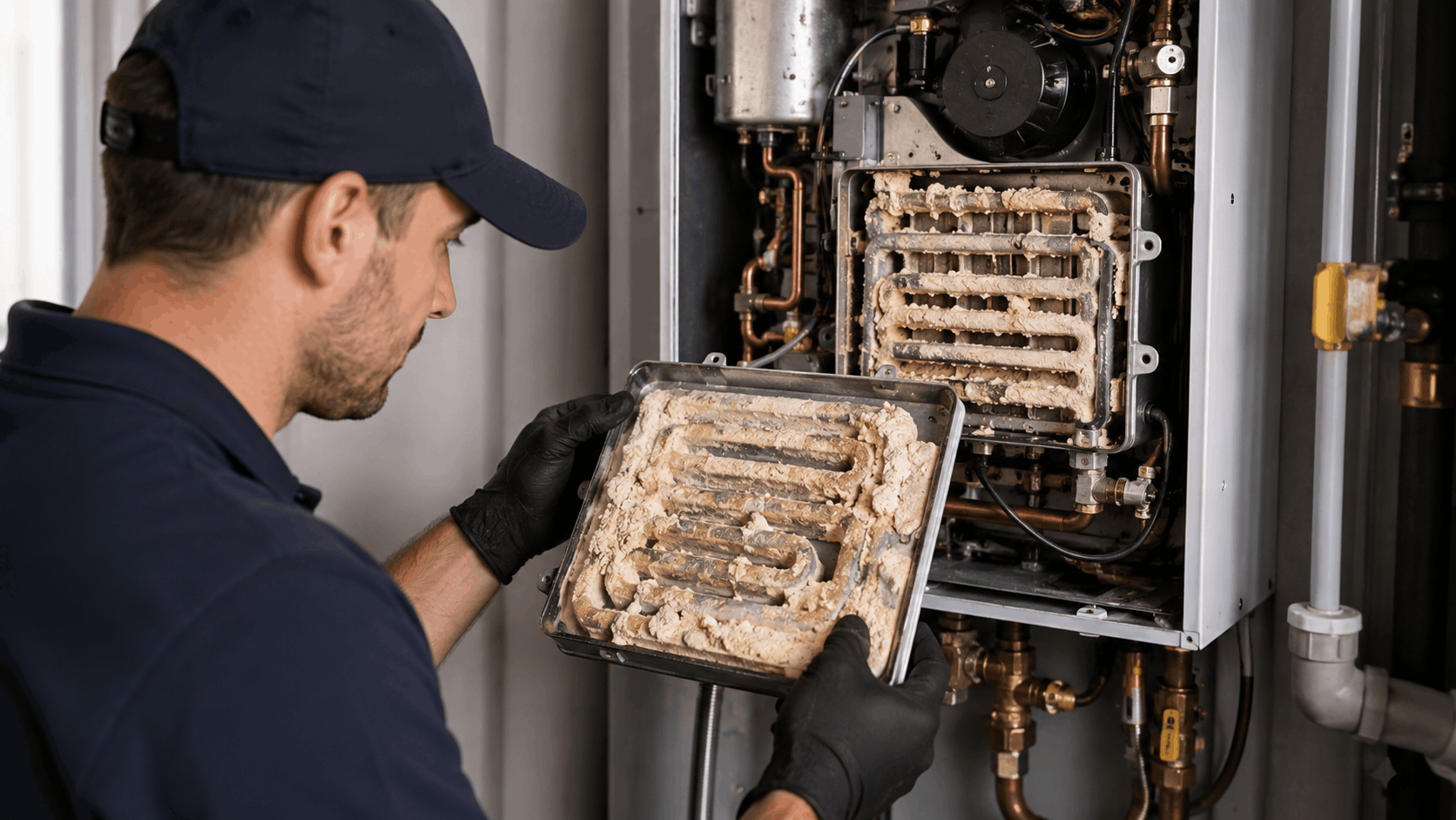 HVAC technician removing heavily scaled heat exchanger from tankless water heater in Las Vegas