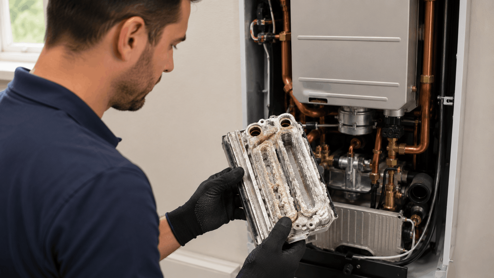 HVAC technician inspecting heavily scaled heat exchanger removed from Las Vegas boiler unit