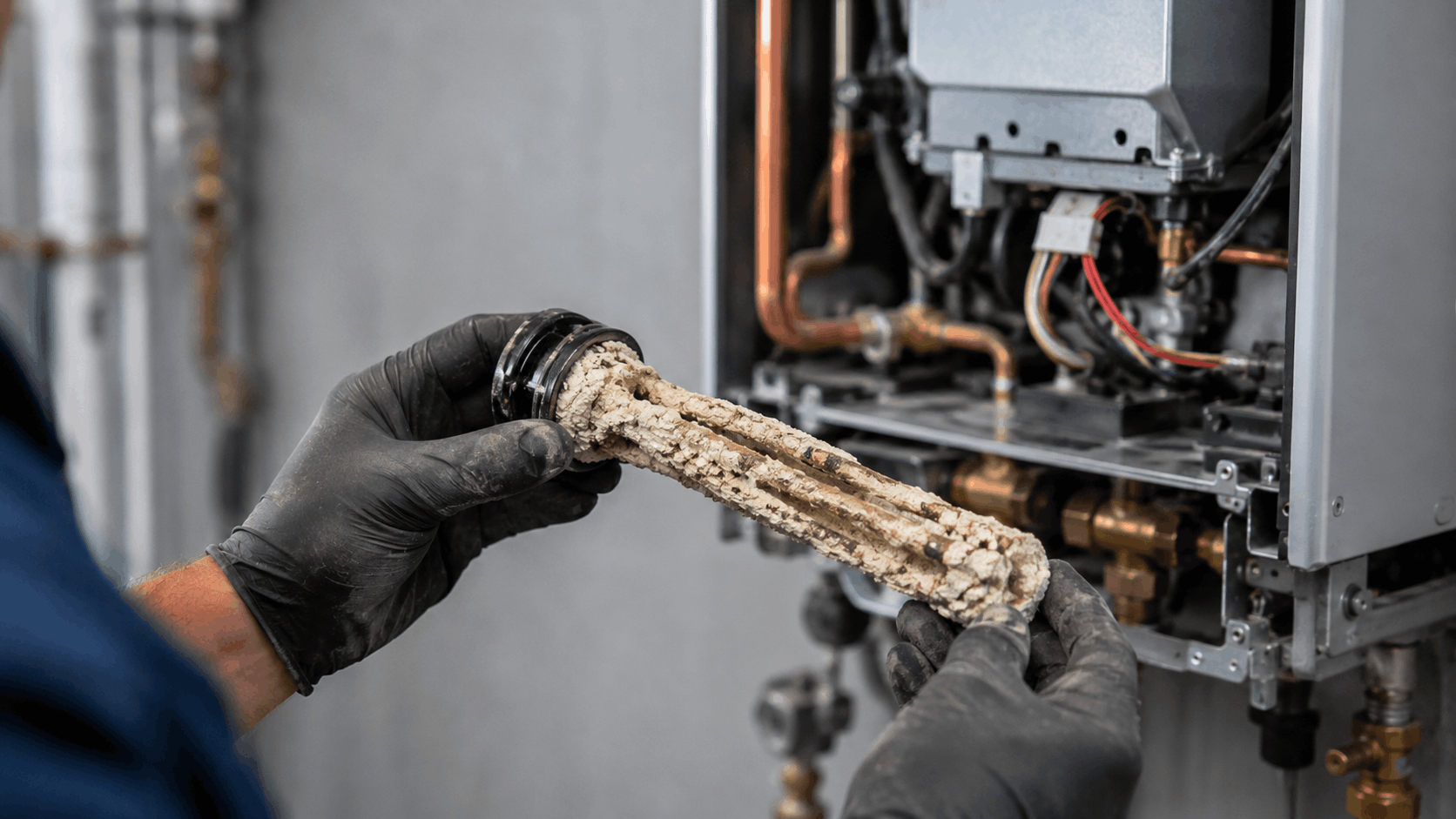 Plumber removing heavily scaled heat exchanger from open boiler during descaling service