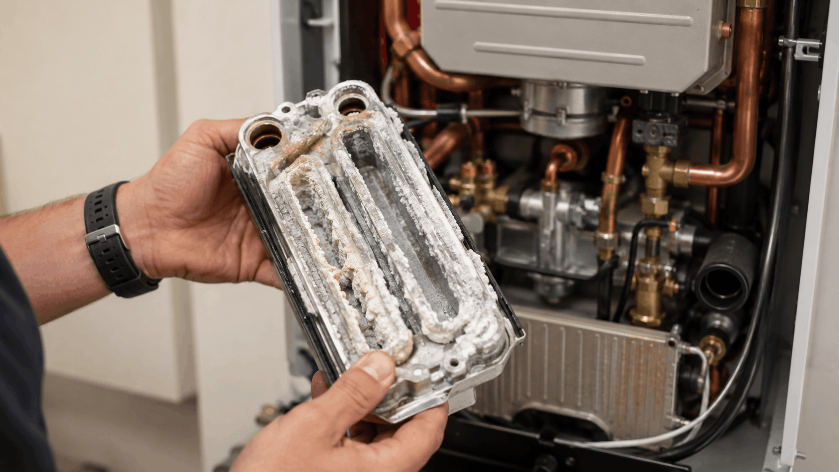 Technician holding heavily scaled tankless water heater heat exchanger removed for inspection