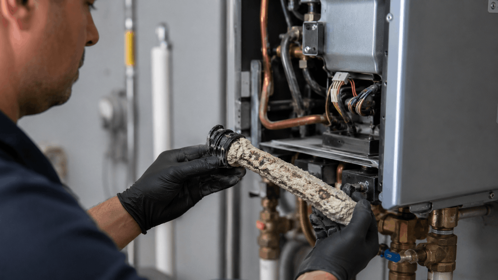 Plumber in Las Vegas removing heavily scaled pipe from tankless water heater system