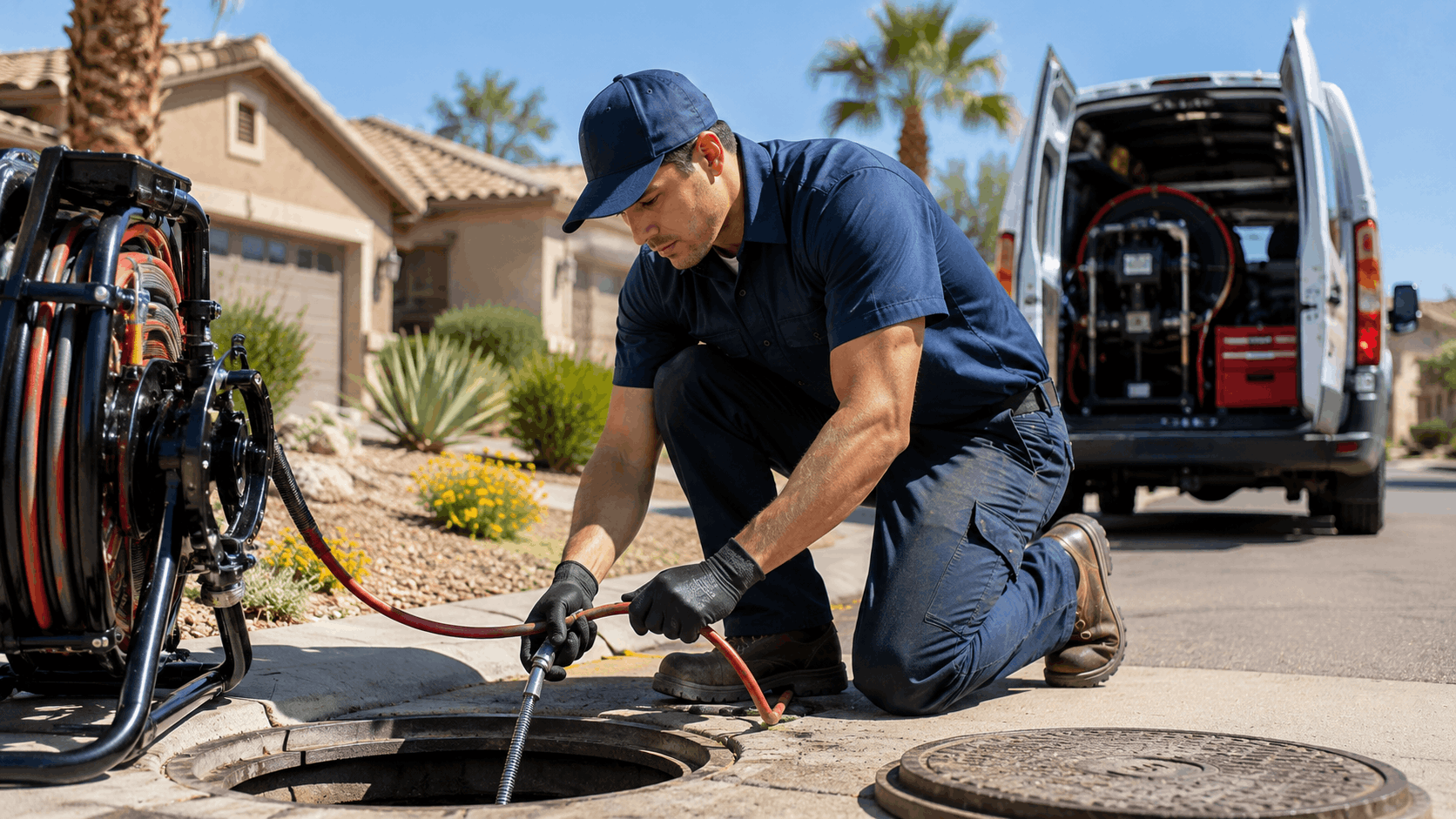 Plumber feeding drain snake into sewer cleanout manhole in Summerlin Las Vegas neighborhood