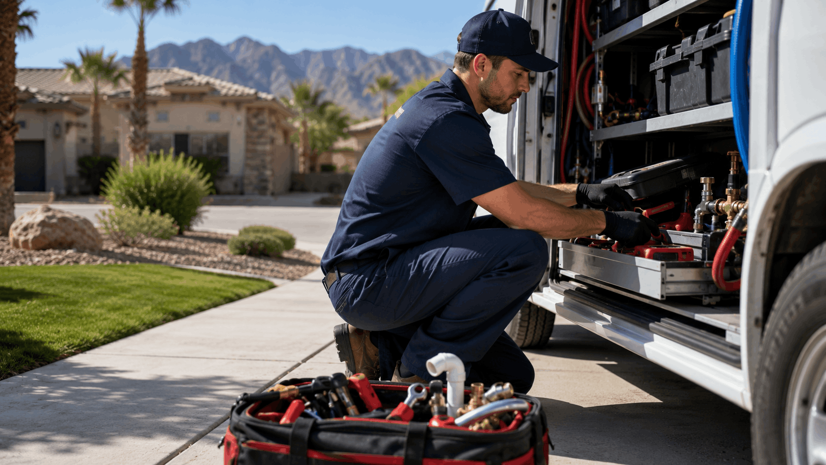 Active Plumbing technician retrieving tools from service van in Las Vegas neighborhood