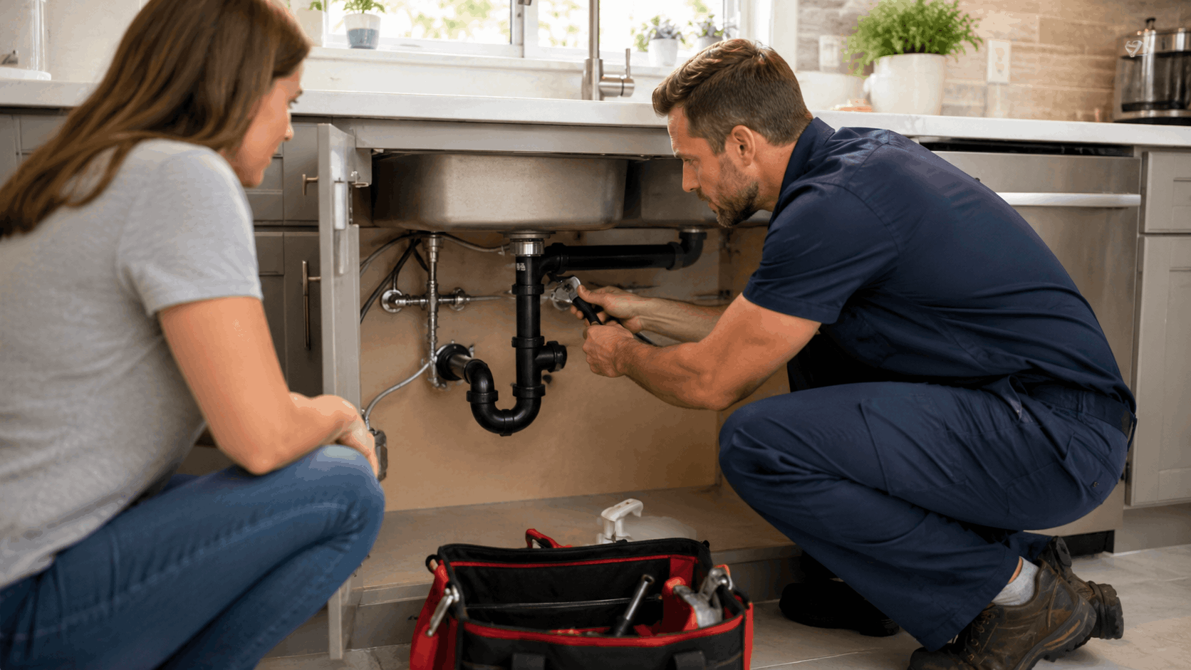 Licensed plumber repairing kitchen sink drain pipes while homeowner watches nearby