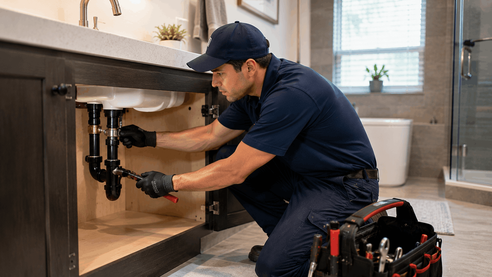 Licensed Las Vegas plumber repairing bathroom sink drain pipes with wrench and tools