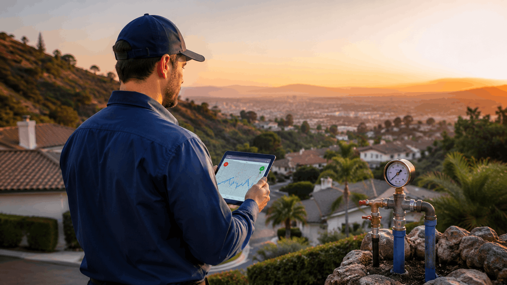 Plumber with tablet monitors water pressure gauge on hillside above Las Vegas neighborhood