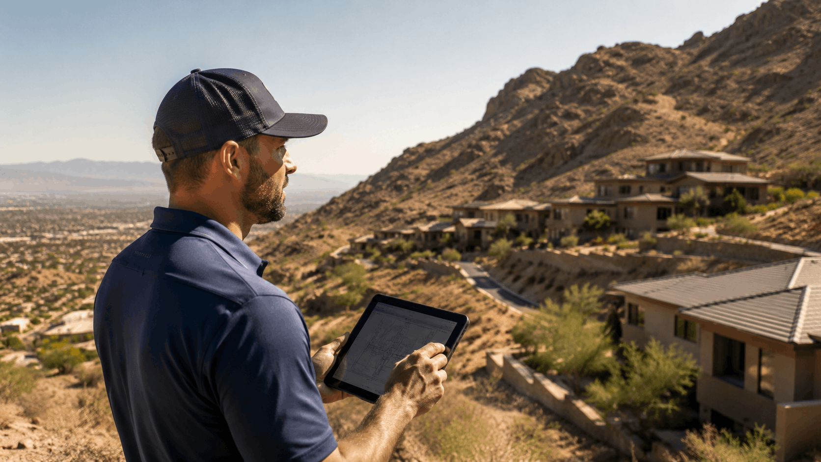 Plumber inspecting hillside luxury homes in desert terrain using digital tablet