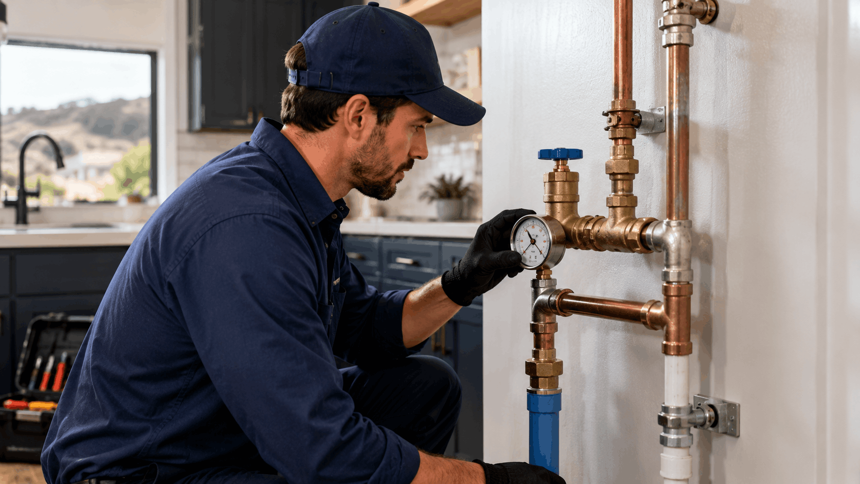 Licensed plumber checking water pressure gauge on copper pipes in Las Vegas home