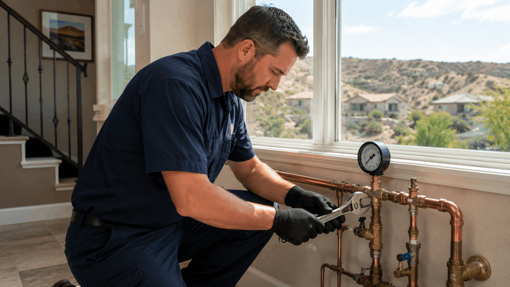 Plumber adjusting copper pipe pressure regulator with wrench in Las Vegas home