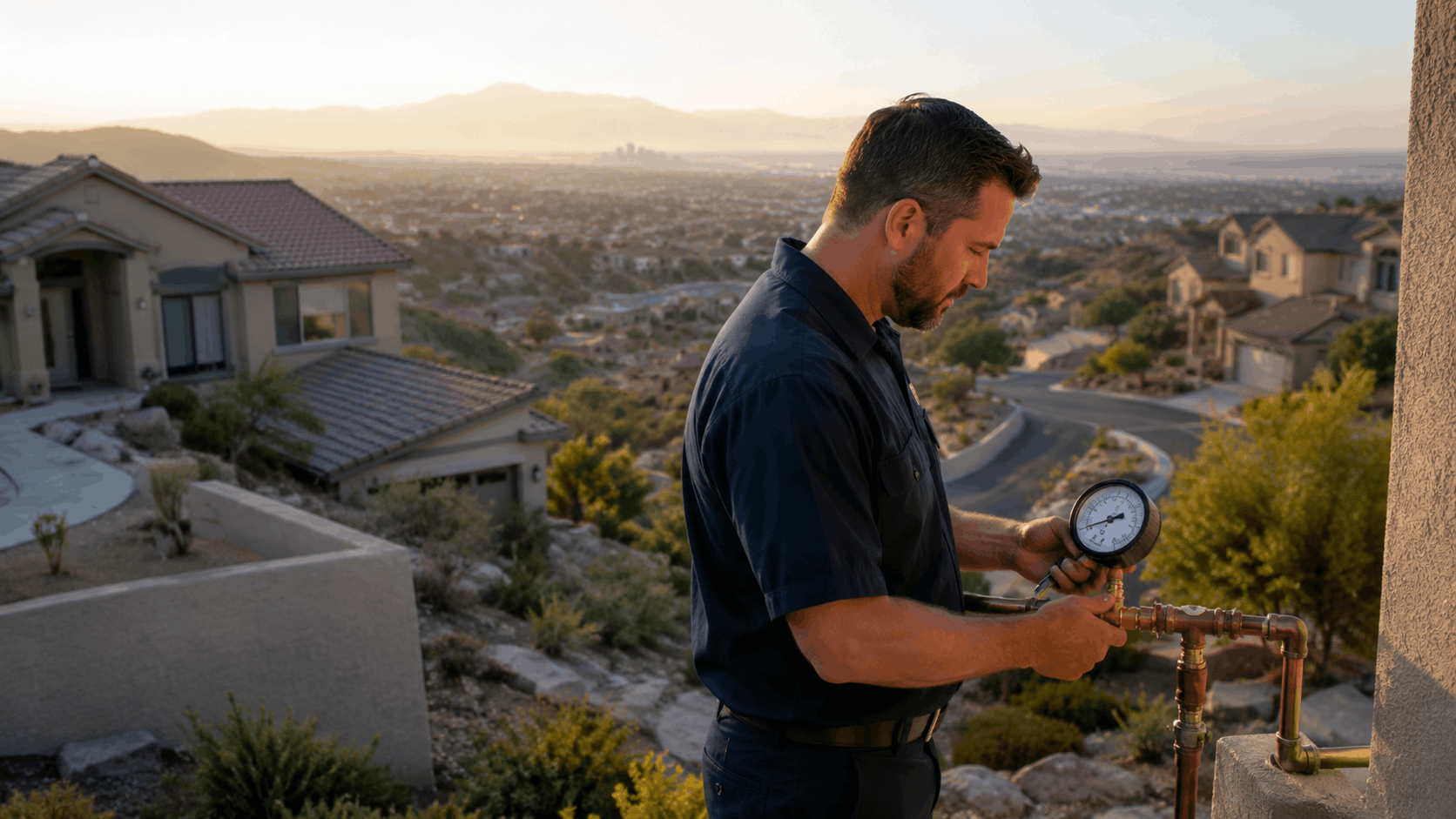 Plumber checking water pressure gauge on copper pipes at Las Vegas home