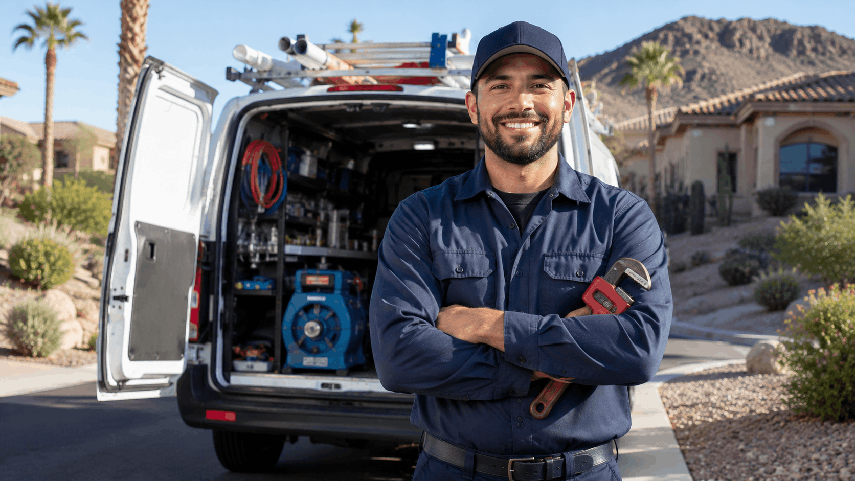 Smiling Henderson plumber holding pipe wrench beside fully equipped service van