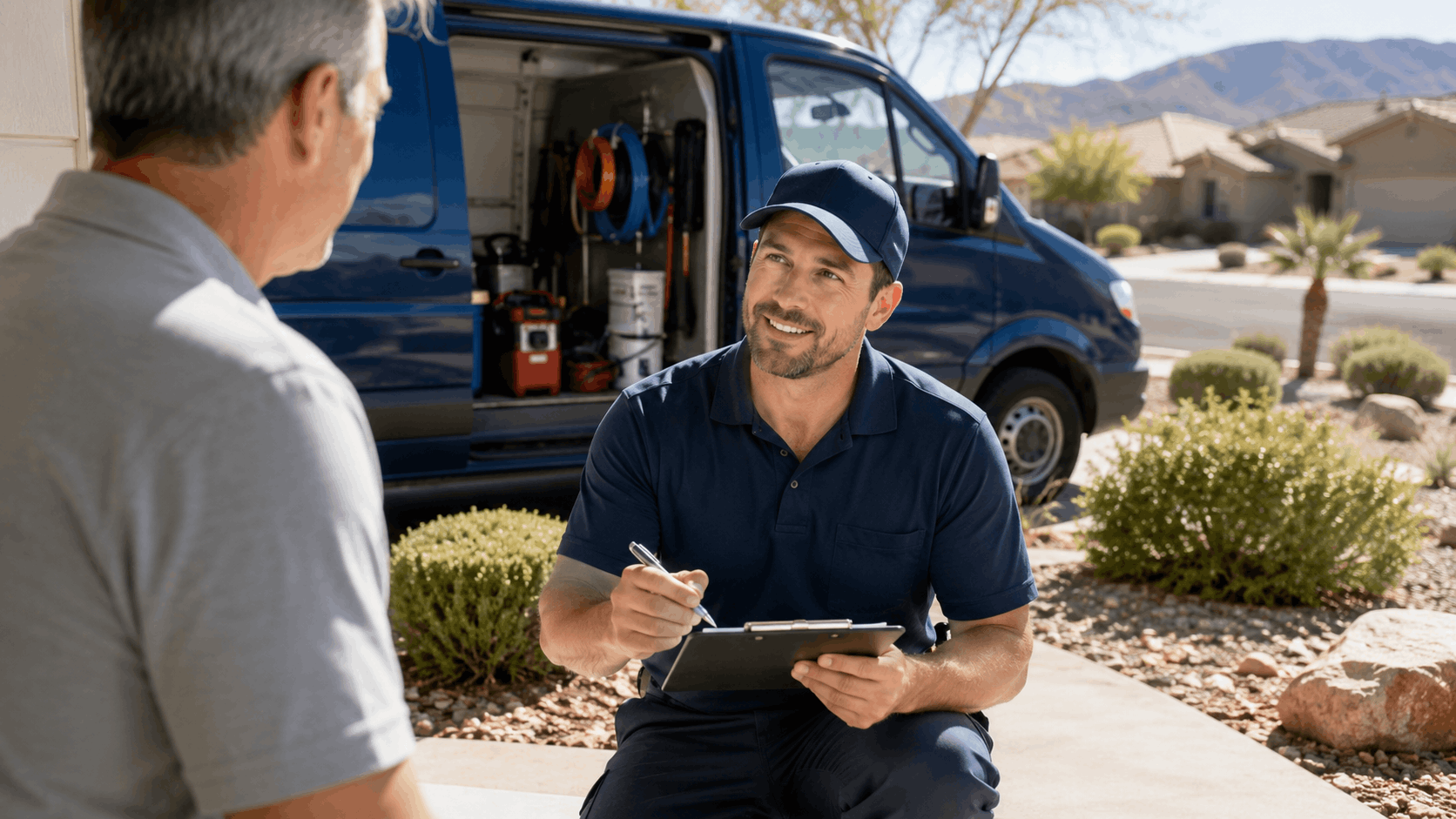 Las Vegas plumber with clipboard consulting homeowner outside blue service van