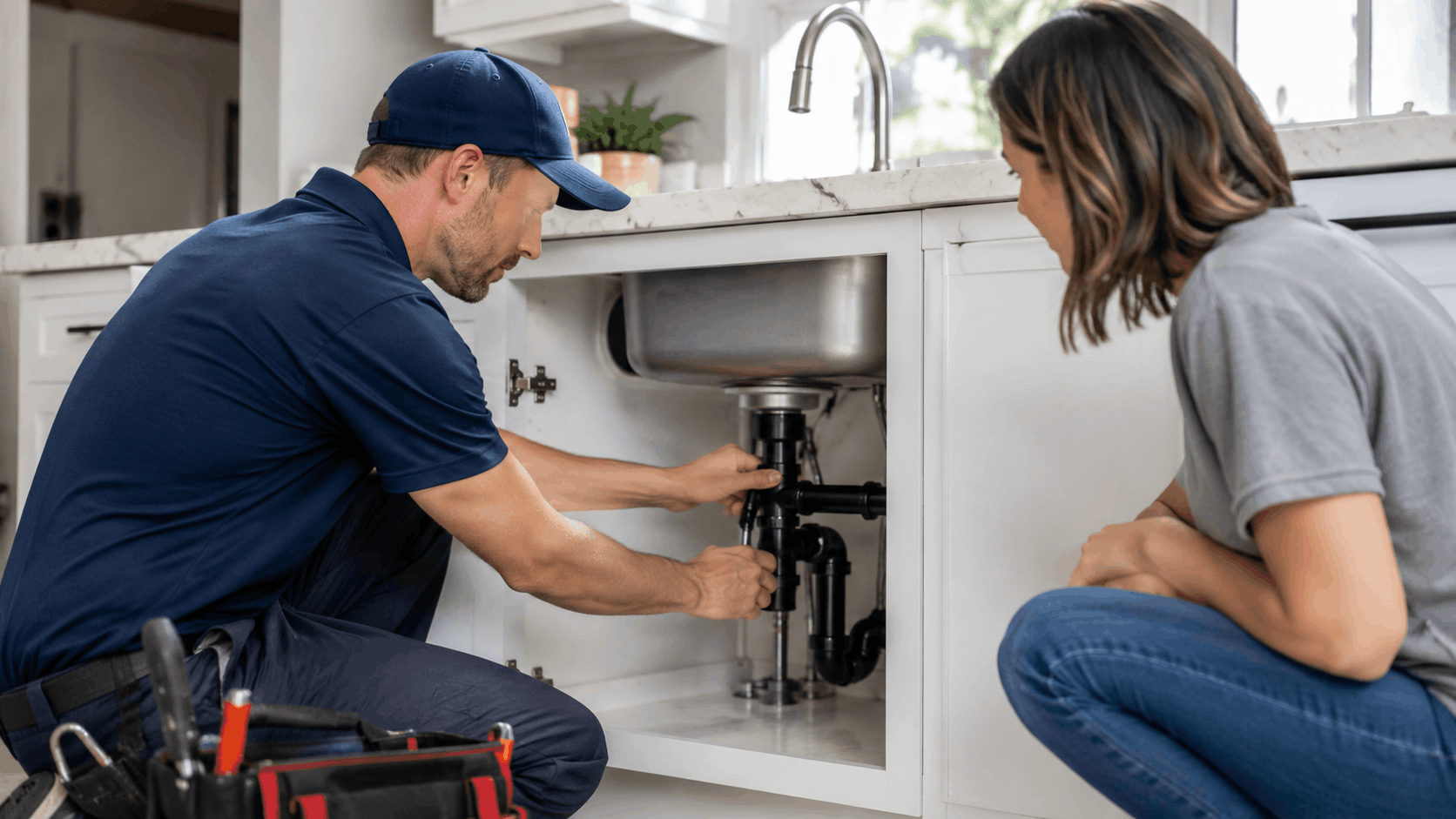 Plumber repairing under-sink pipes while Las Vegas homeowner watches nearby