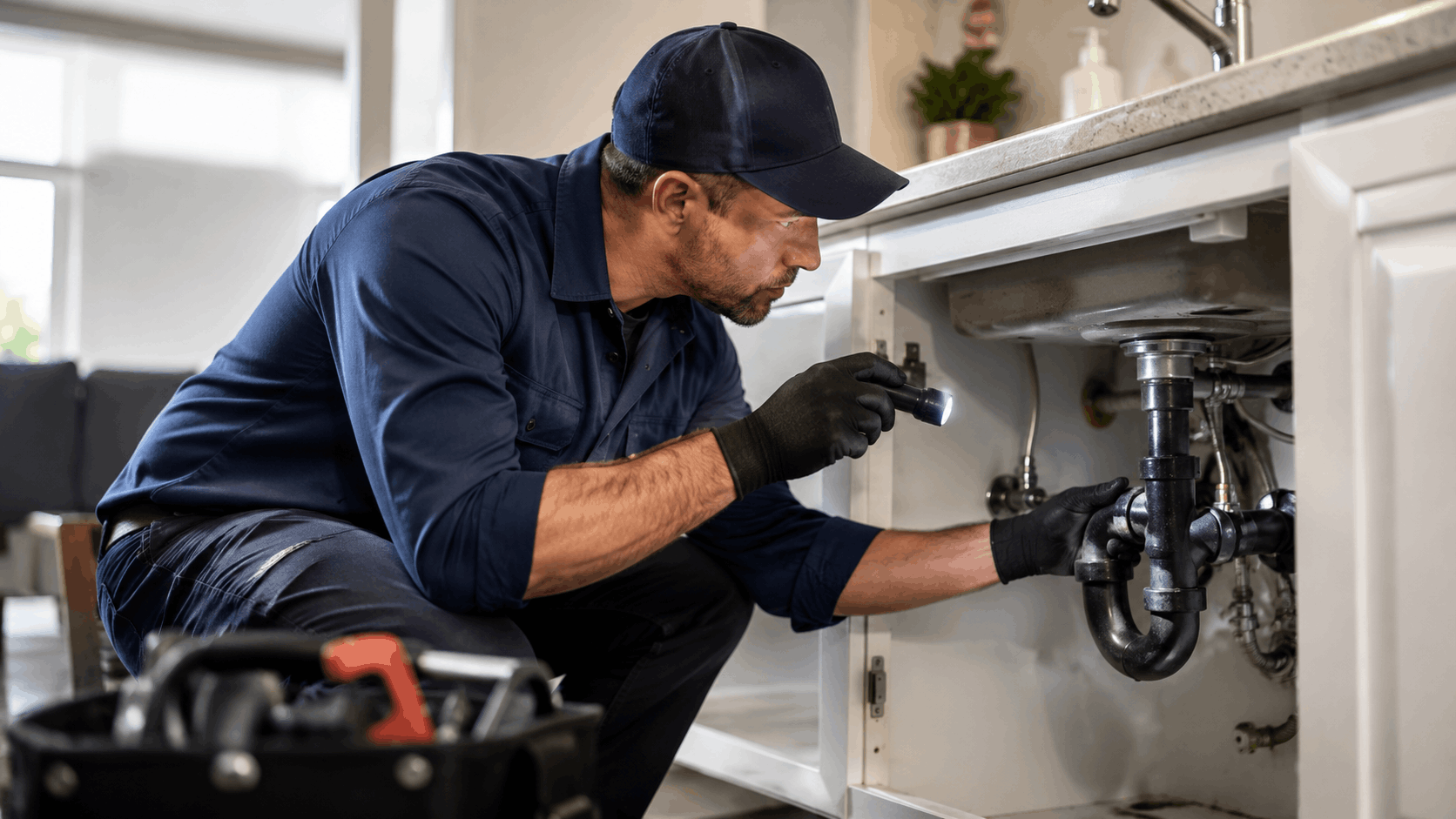 Active Plumbing technician inspecting under-sink pipes with flashlight and tools nearby