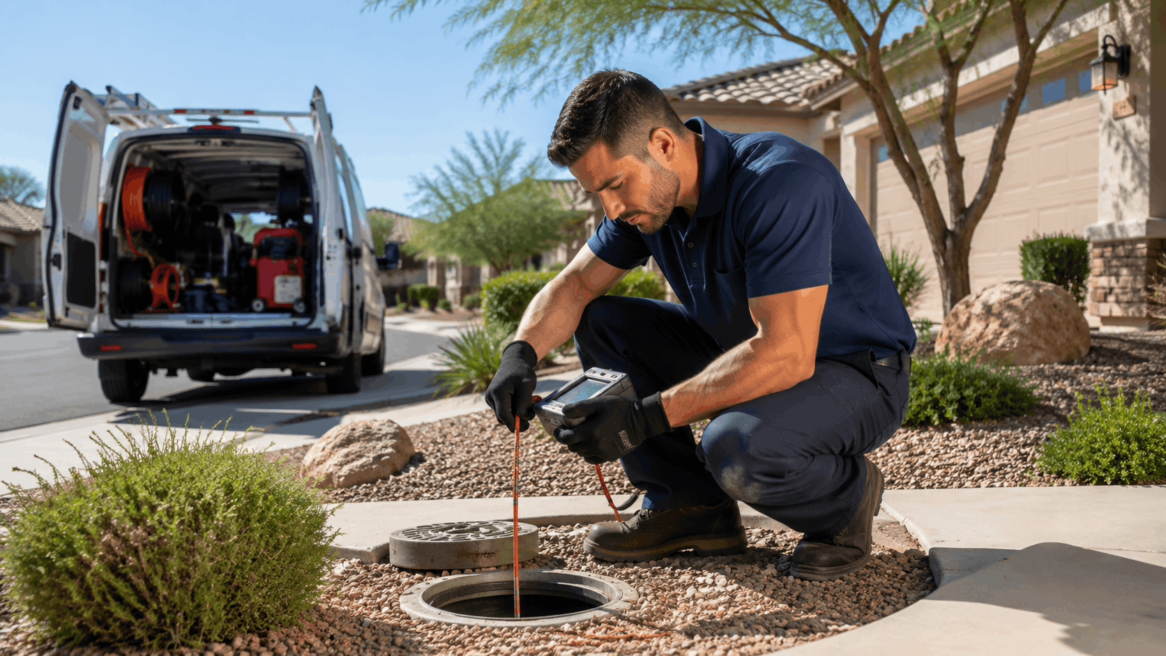 Las Vegas plumber performing sewer camera inspection at residential cleanout access point