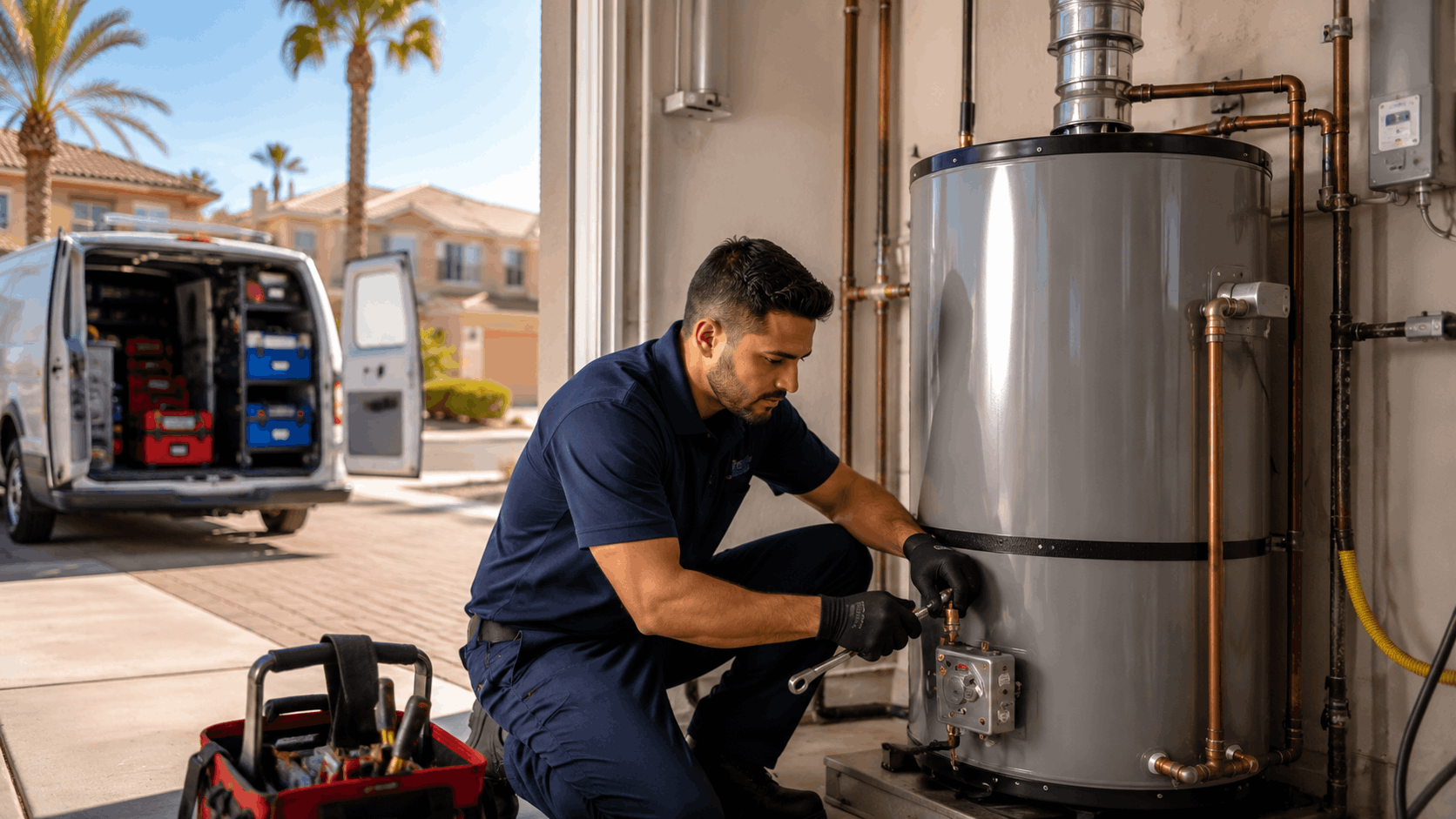 Las Vegas plumber servicing residential water heater with copper pipes in garage