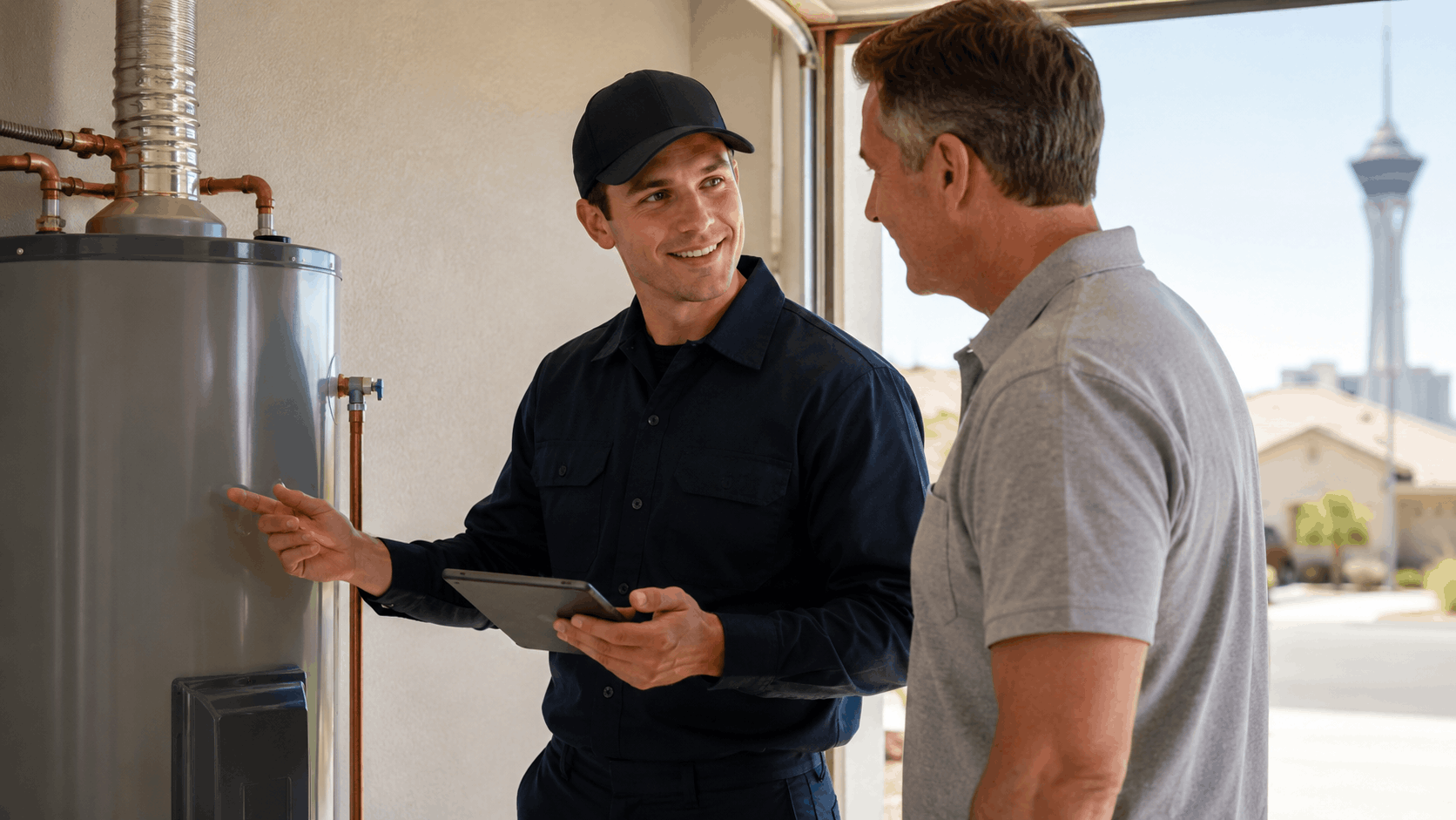 Plumber explaining water heater installation to homeowner in Las Vegas garage