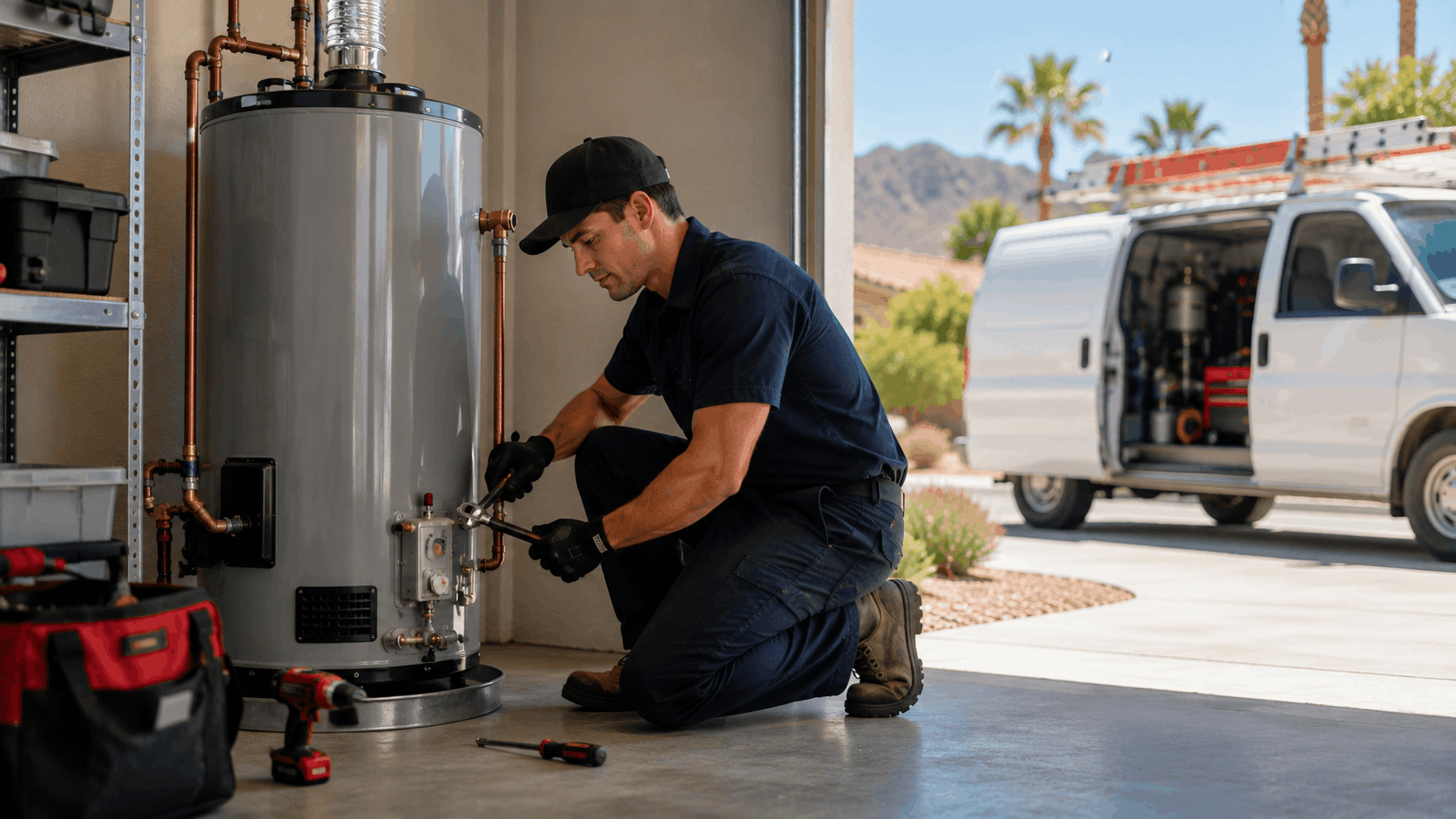 Plumber repairing gas water heater with wrench in Las Vegas garage
