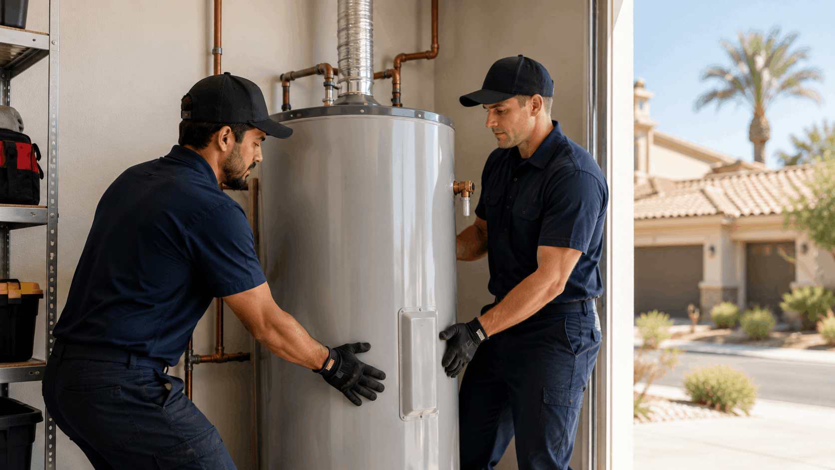 Two plumbers in uniform installing a water heater in Las Vegas home garage