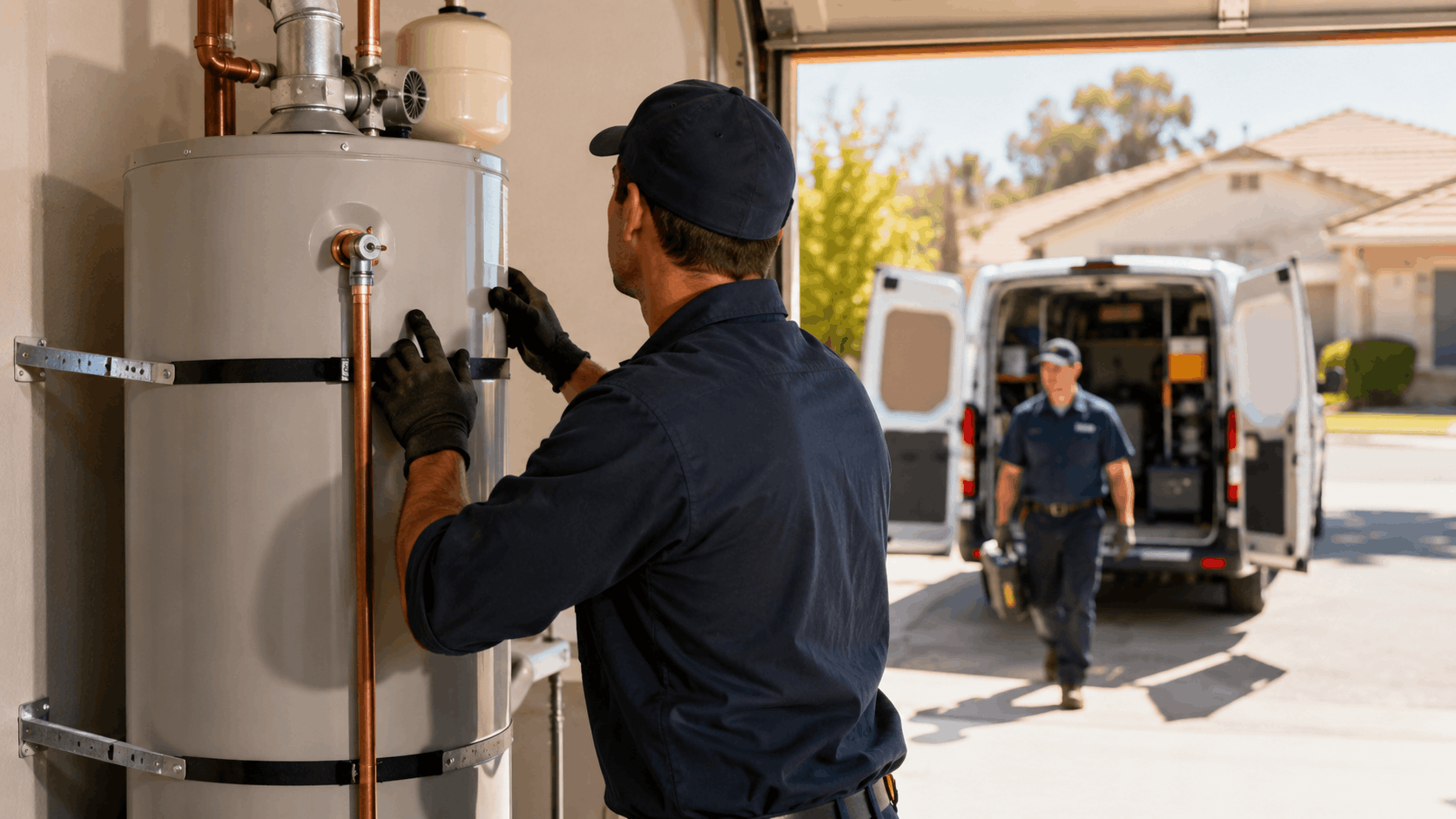 Two Las Vegas plumbers in uniform servicing a water heater in residential garage