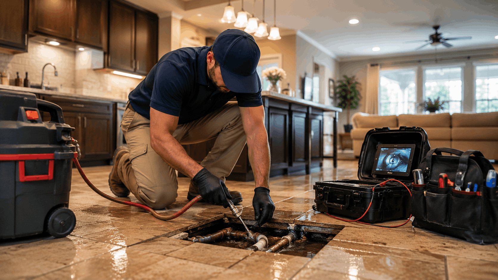 Plumber using camera inspection equipment to diagnose slab leak under tile floor