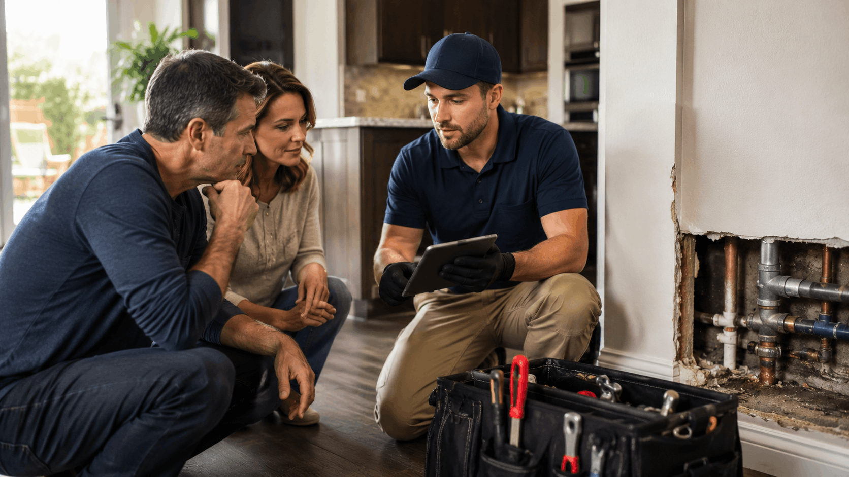 Plumber showing tablet to homeowners beside exposed copper pipes in wall
