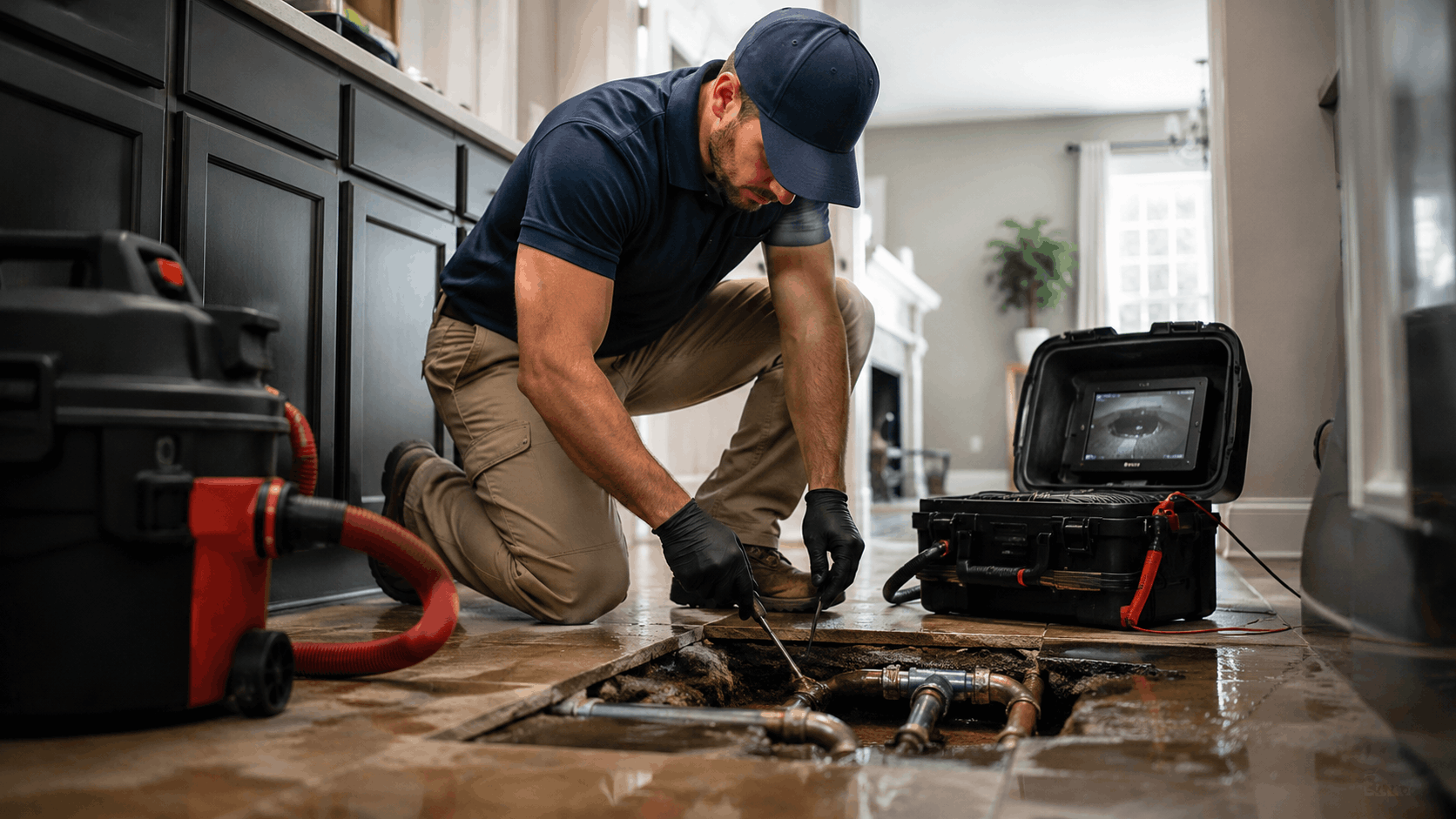 Plumber using sewer camera inspection equipment to diagnose underground pipe damage indoors