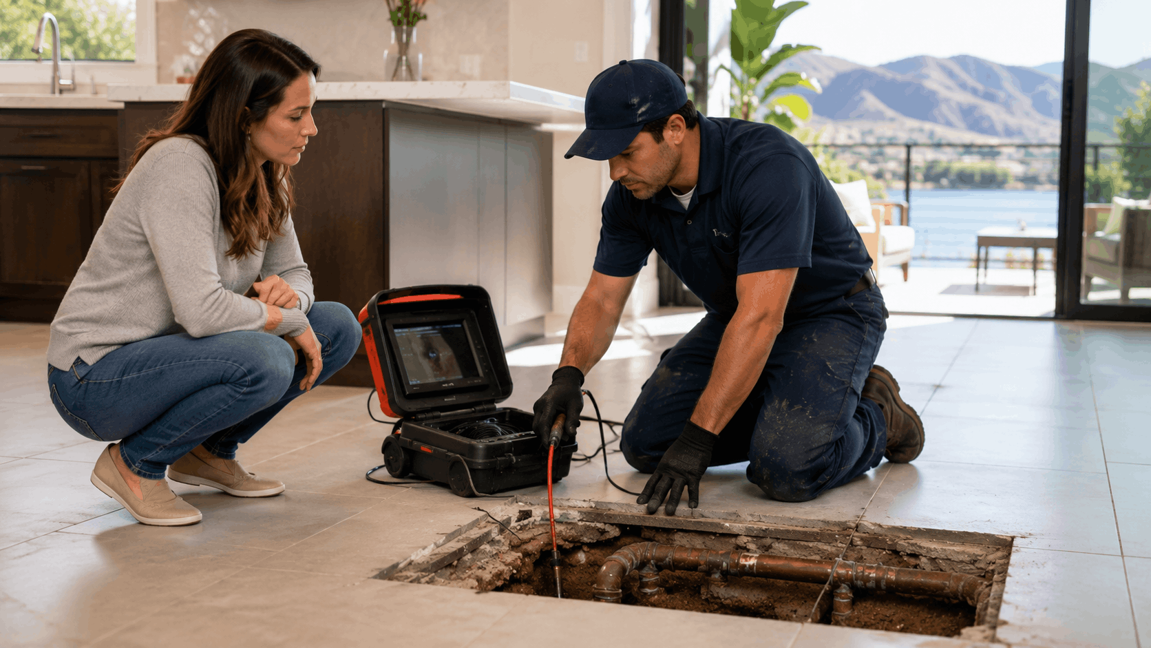 Plumber using sewer camera inspection tool inside Las Vegas home with homeowner watching
