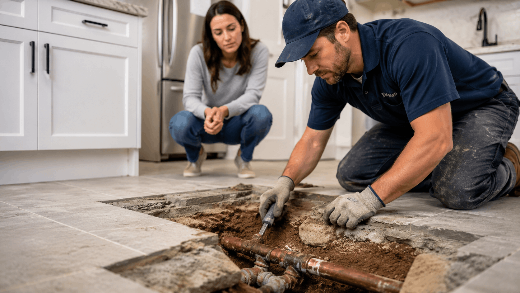 Las Vegas plumber repairing underground copper pipes exposed through kitchen floor tiles