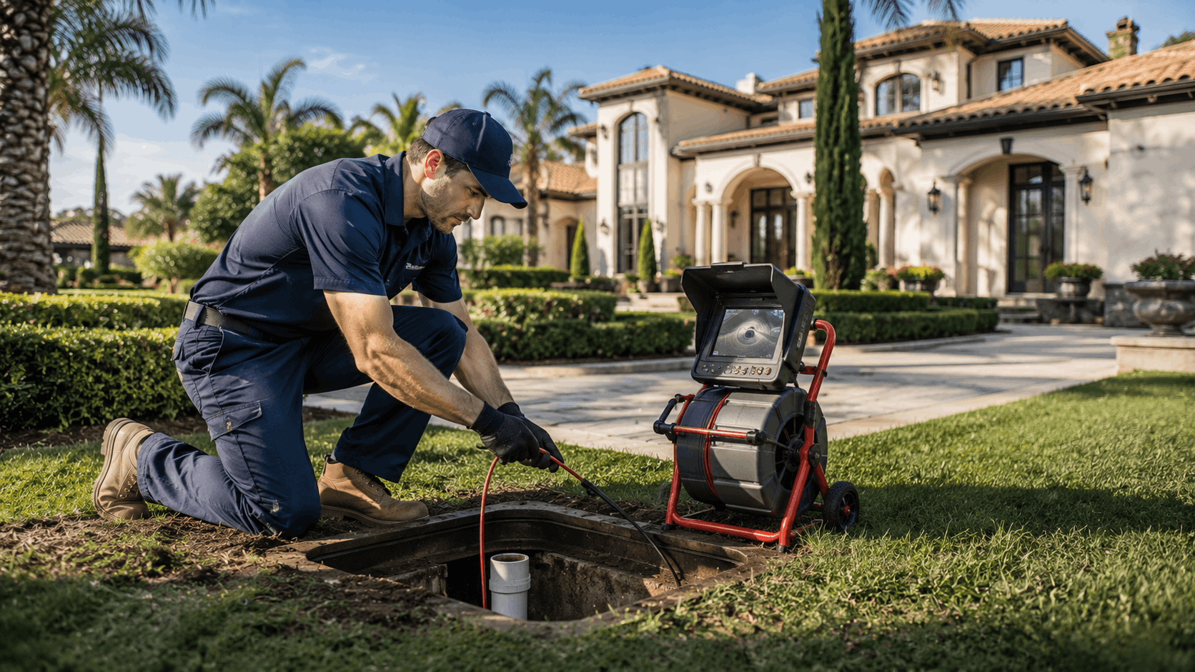 Plumber performing sewer camera inspection at luxury estate home in Las Vegas