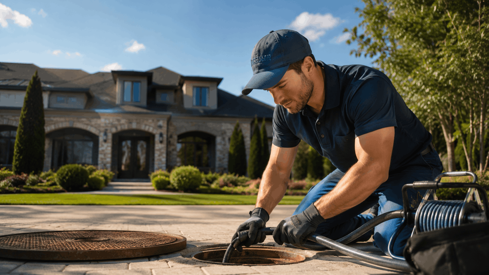 Plumber using drain snake to clear sewer access on luxury Las Vegas property driveway