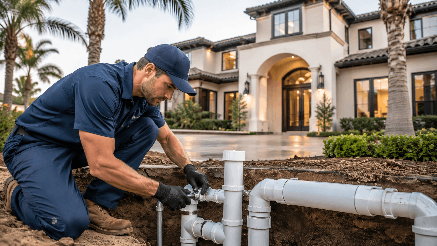 Professional plumber installing PVC pipes at luxury Las Vegas estate property exterior