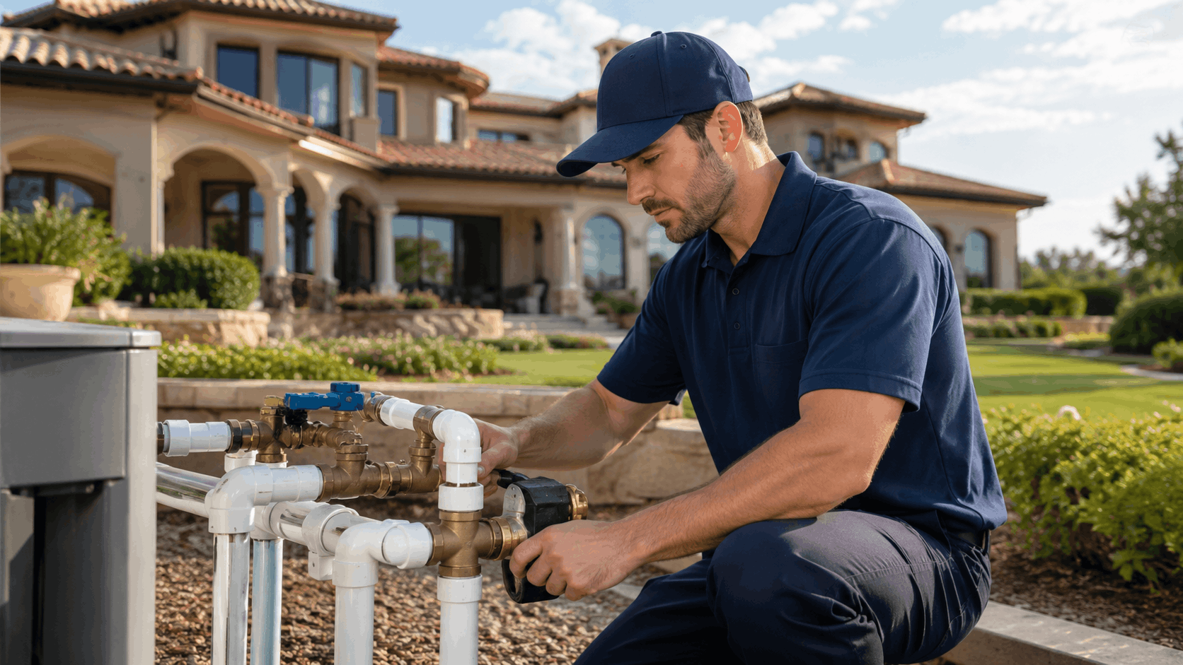 Active Plumbing technician servicing irrigation valve manifold outside luxury Las Vegas home