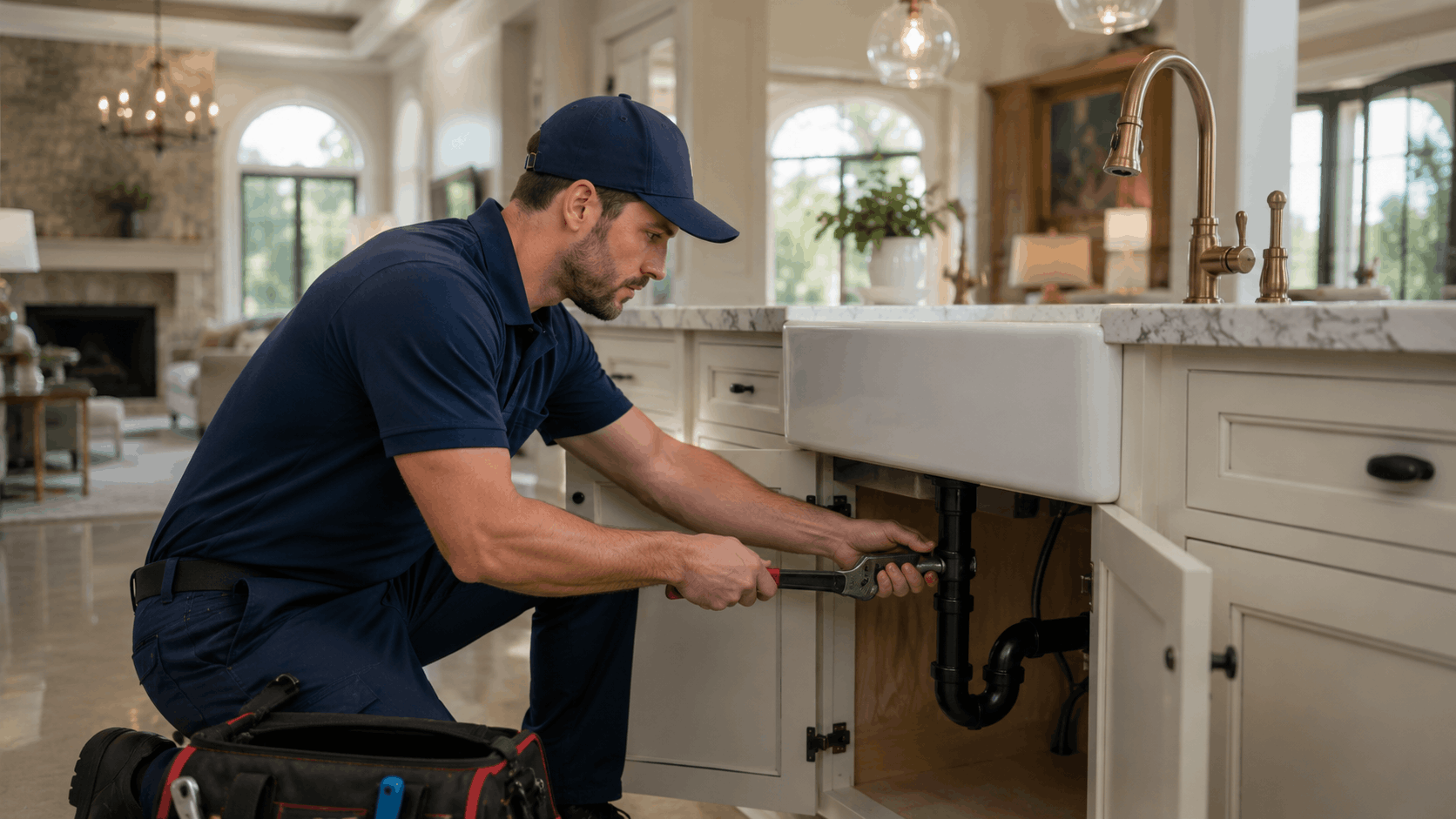 Licensed Las Vegas plumber repairing kitchen sink pipes with wrench in luxury home