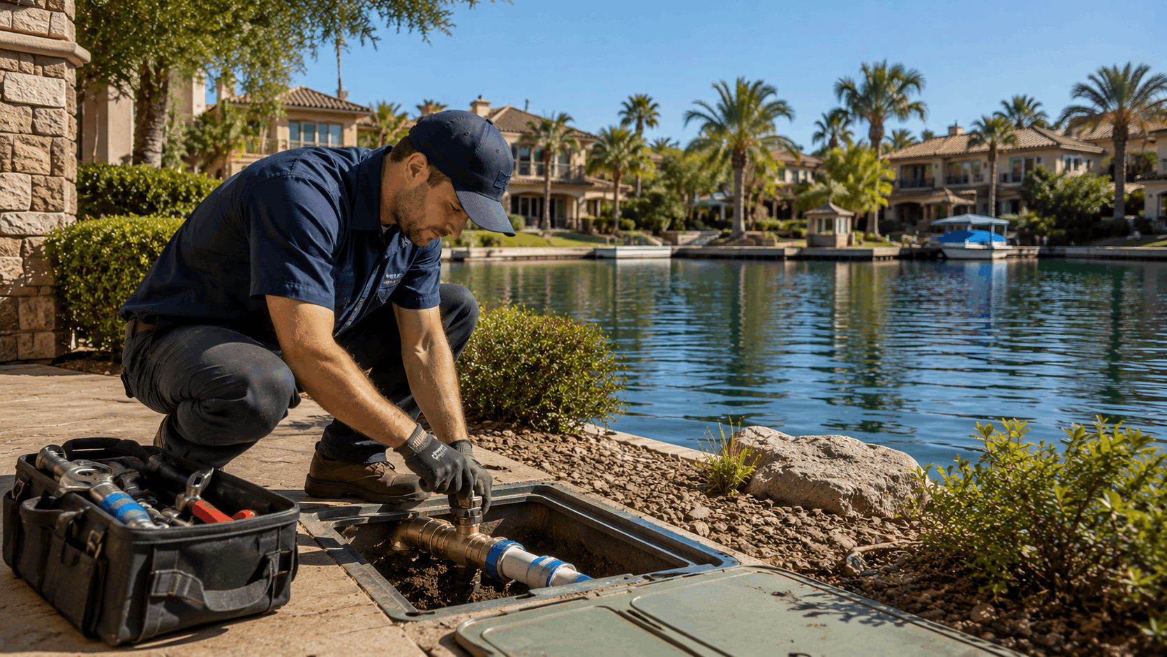 Plumber repairing underground water line at lakefront property in Las Vegas neighborhood
