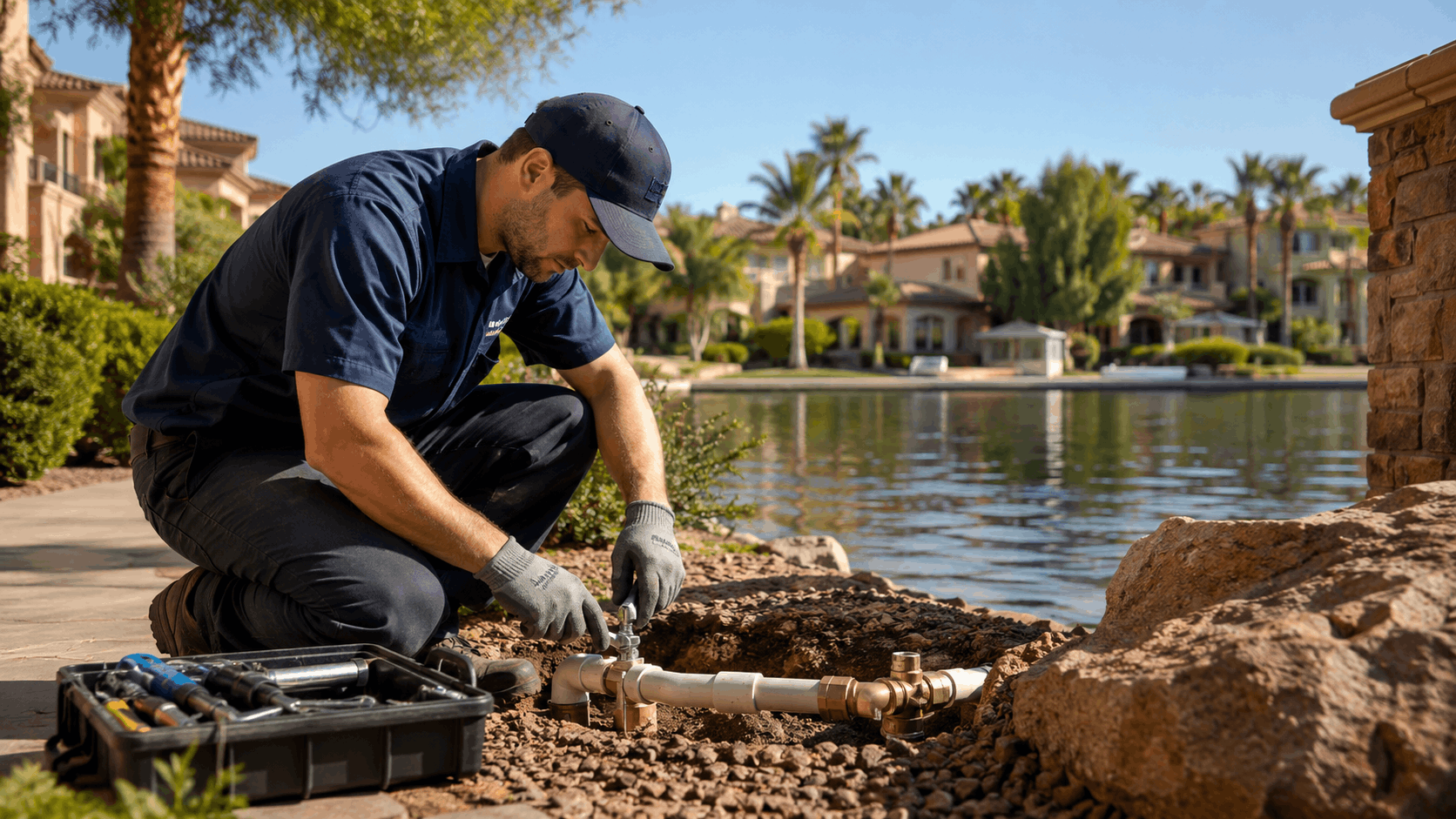 Plumber repairing water line pipes at Las Vegas lakefront luxury property waterfront